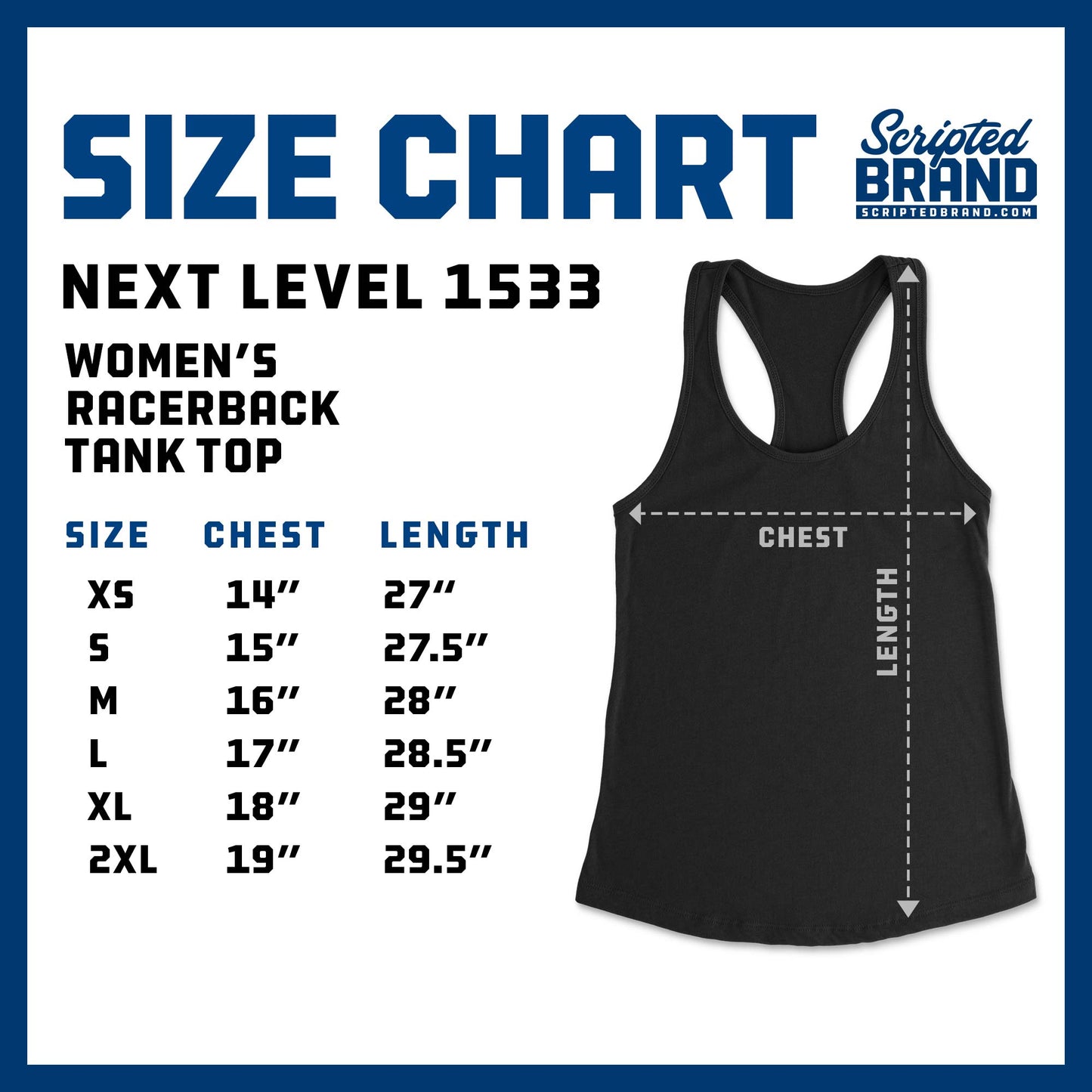 Size Chart of the Next Level 1533 Women's Racerback Tank Top Shirt, sold by ScriptedBrand.