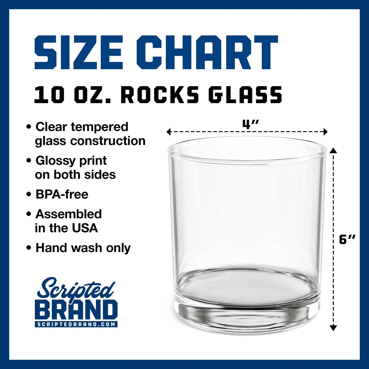 Size Chart for a 10 ounce lowball rocks glass, sold by ScriptedBrand.