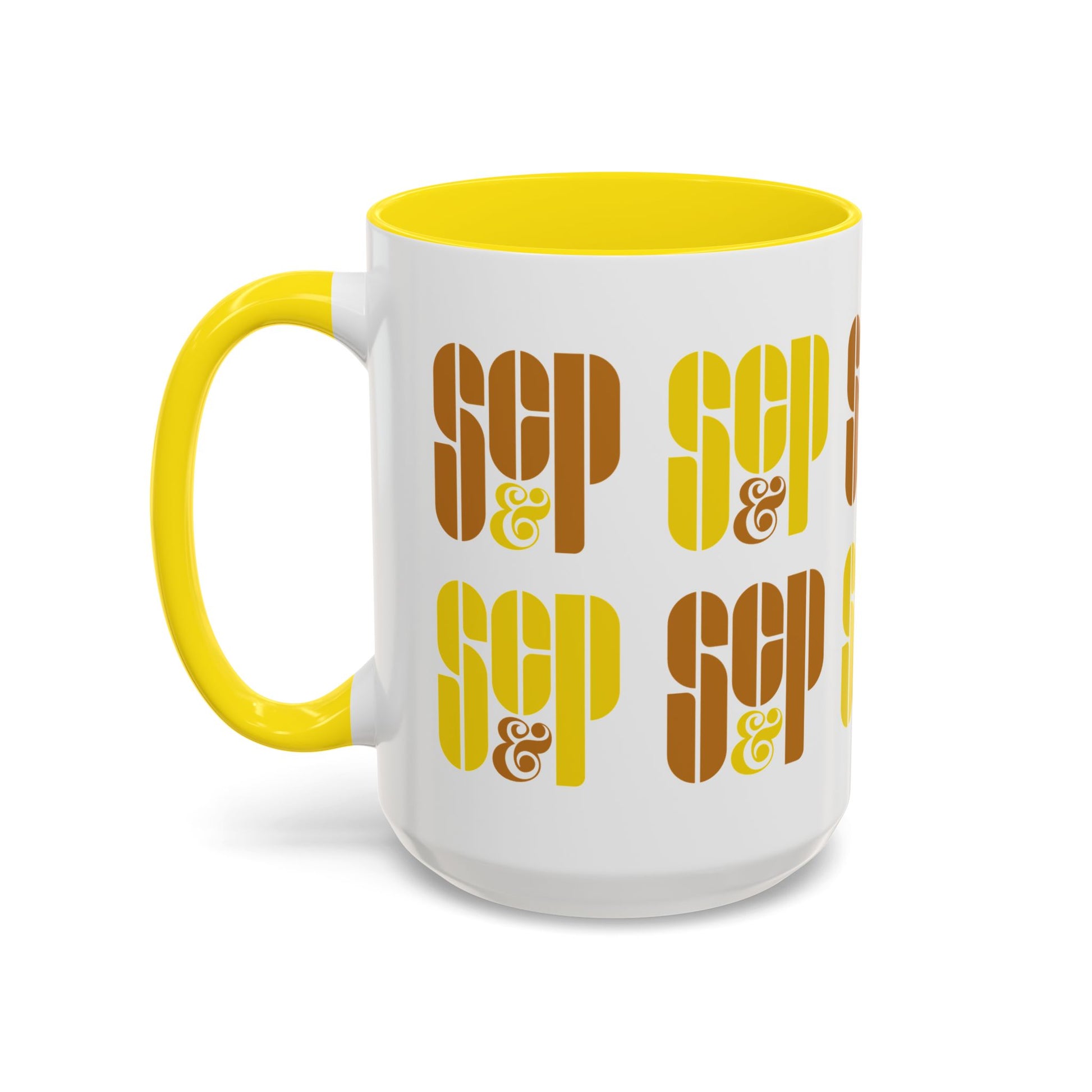 Front view of Mad Men 15 ounce white/yellow ceramic mug with a wraparound graphic of Sterling Cooper & Partners logos