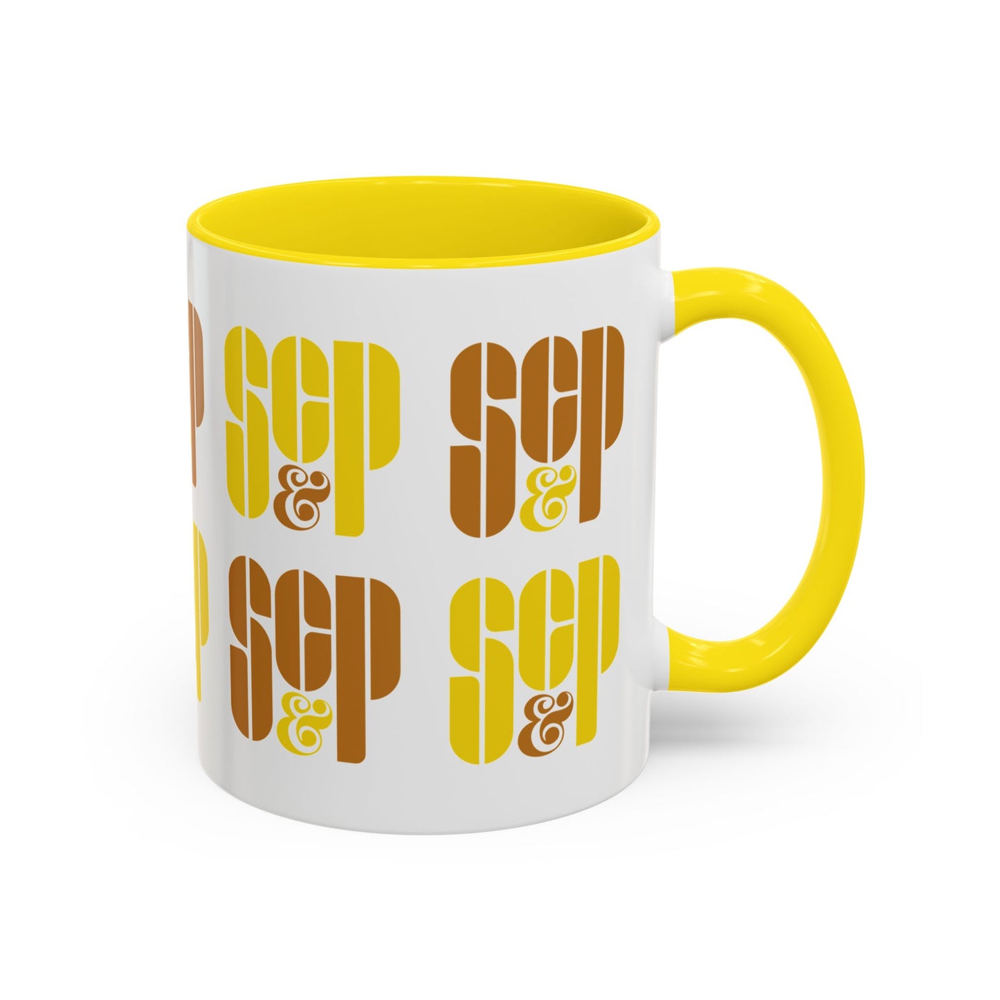 Front view of Mad Men 11 ounce white and yellow ceramic mug with a wraparound graphic of Sterling Cooper & Partners logos