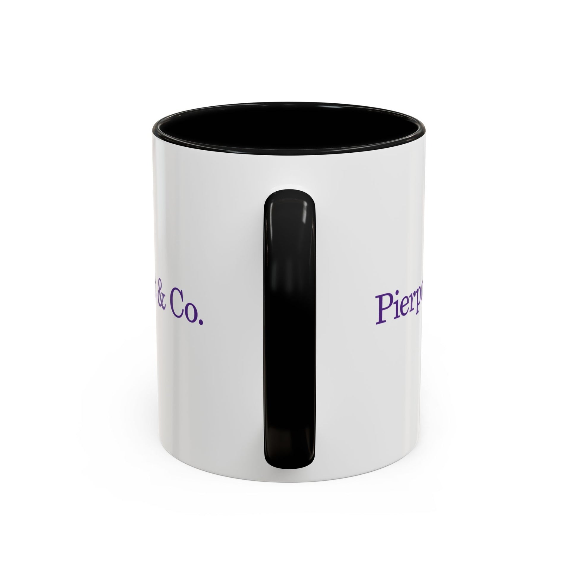 Side view of a 11 oz White Ceramic Mug facing the black handle, featuring the purple Pierpoint & Co logo from the HBO TV show Industry printed on both sides, sold by ScriptedBrand.
