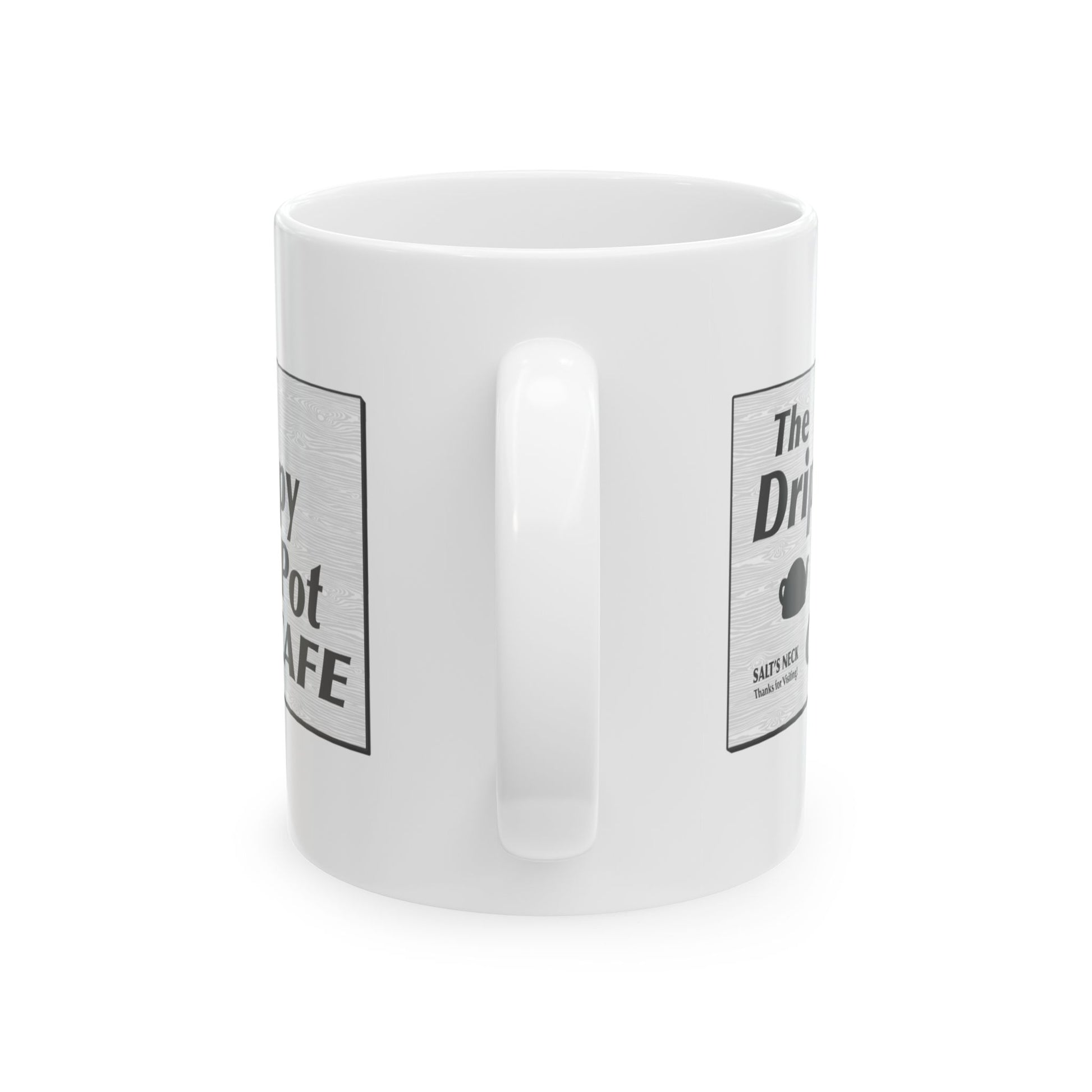 side view of White Ceramic Mug with the Drippy Pot Cafe logo graphic from the TV show Severance printed on both sides
