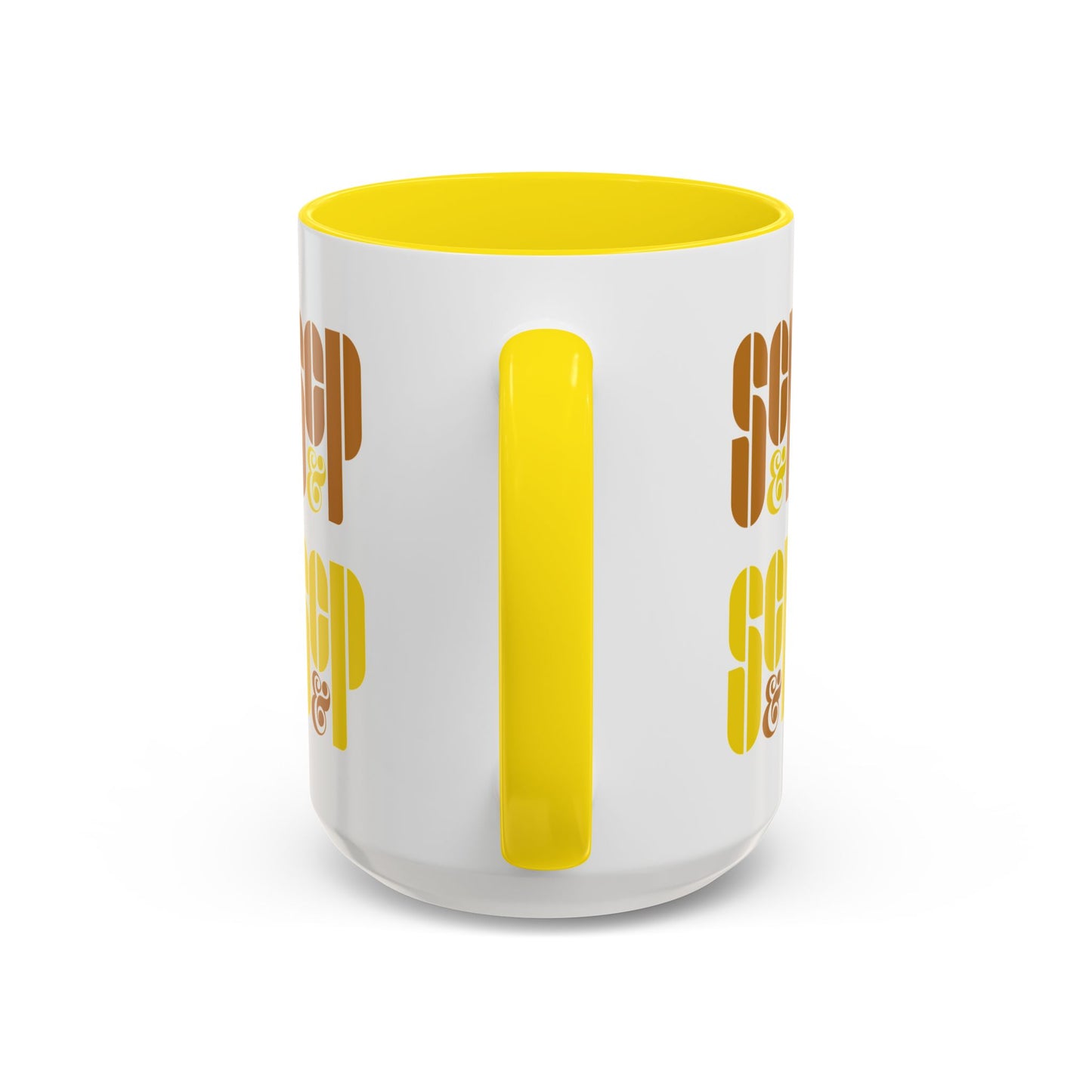 Handle view of a Mad Men 15 ounce white and yellow ceramic mug with a wraparound graphic of Sterling Cooper & Partners logos