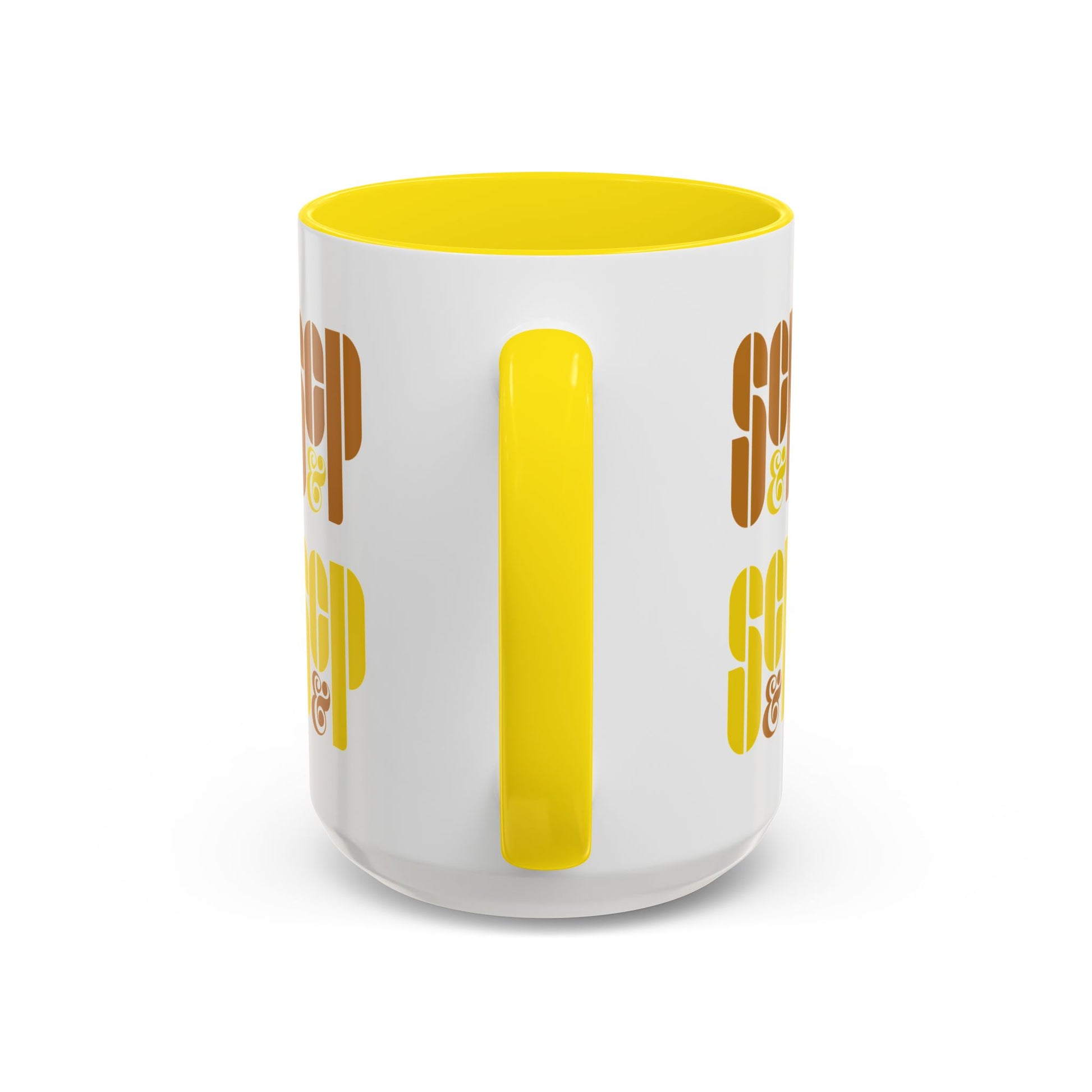 Handle view of a Mad Men 15 ounce white and yellow ceramic mug with a wraparound graphic of Sterling Cooper & Partners logos