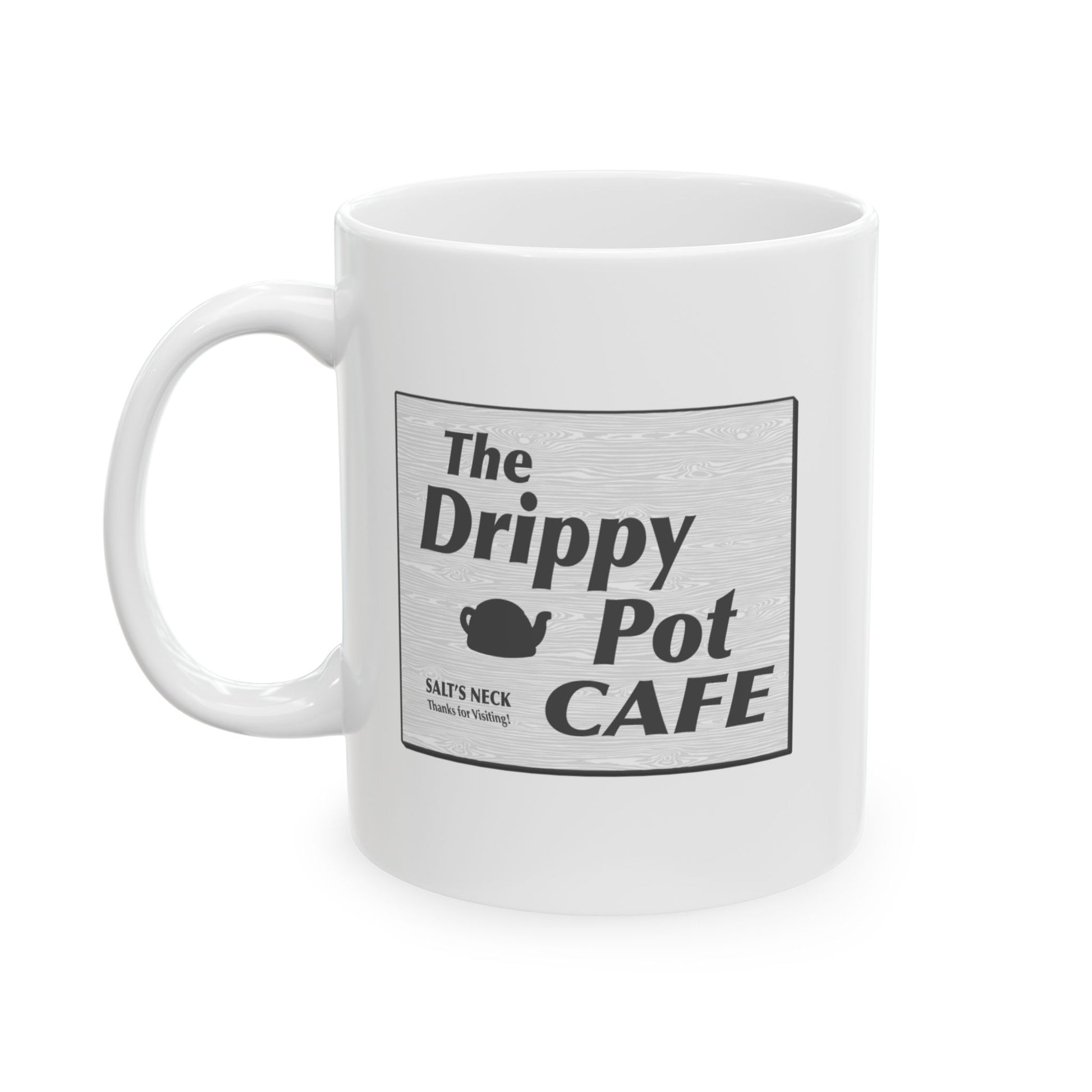 front view of White Ceramic Mug with the Drippy Pot Cafe logo graphic from the TV show Severance printed on both sides