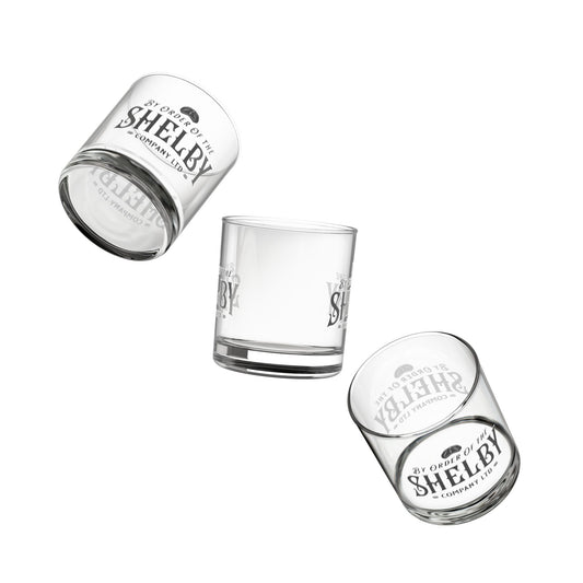 3 floating 10 ounce Rocks Glasses with Shelby Company LTD logo from Peaky Blinders printed on both sides