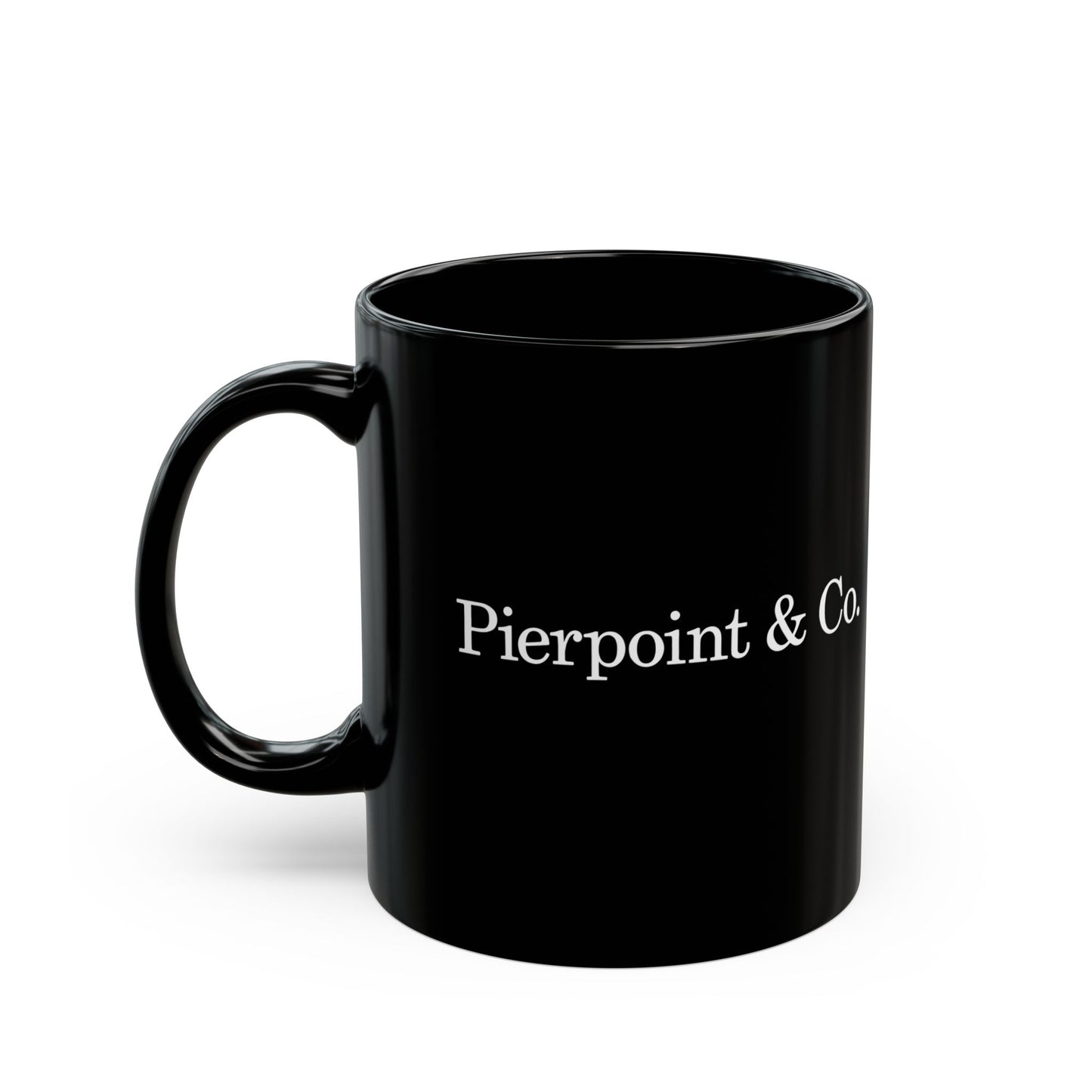 11 oz Black mug with 'Pierpoint & Co' text on a white background with handle on left side