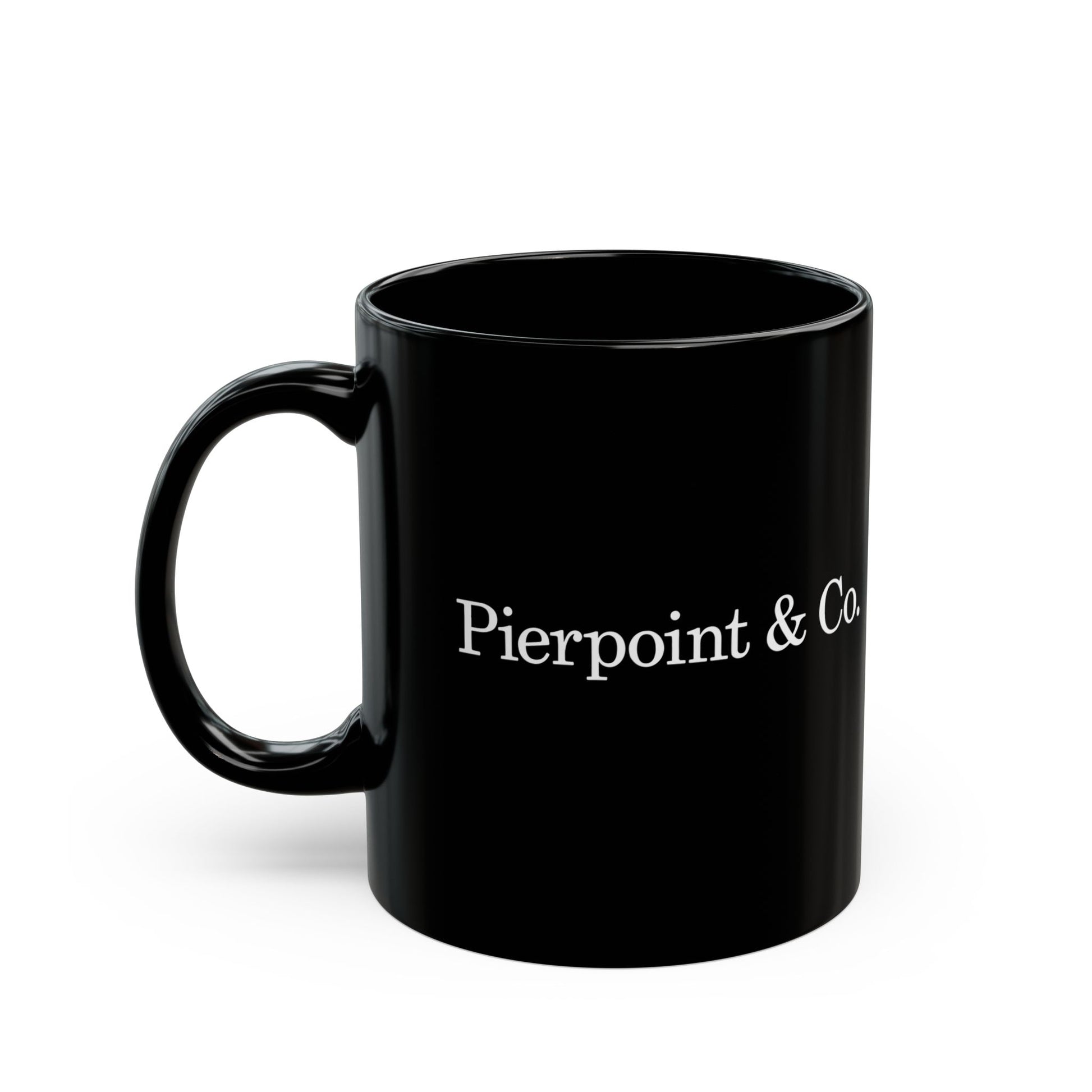11 oz Black mug with 'Pierpoint & Co' text on a white background with handle on left side
