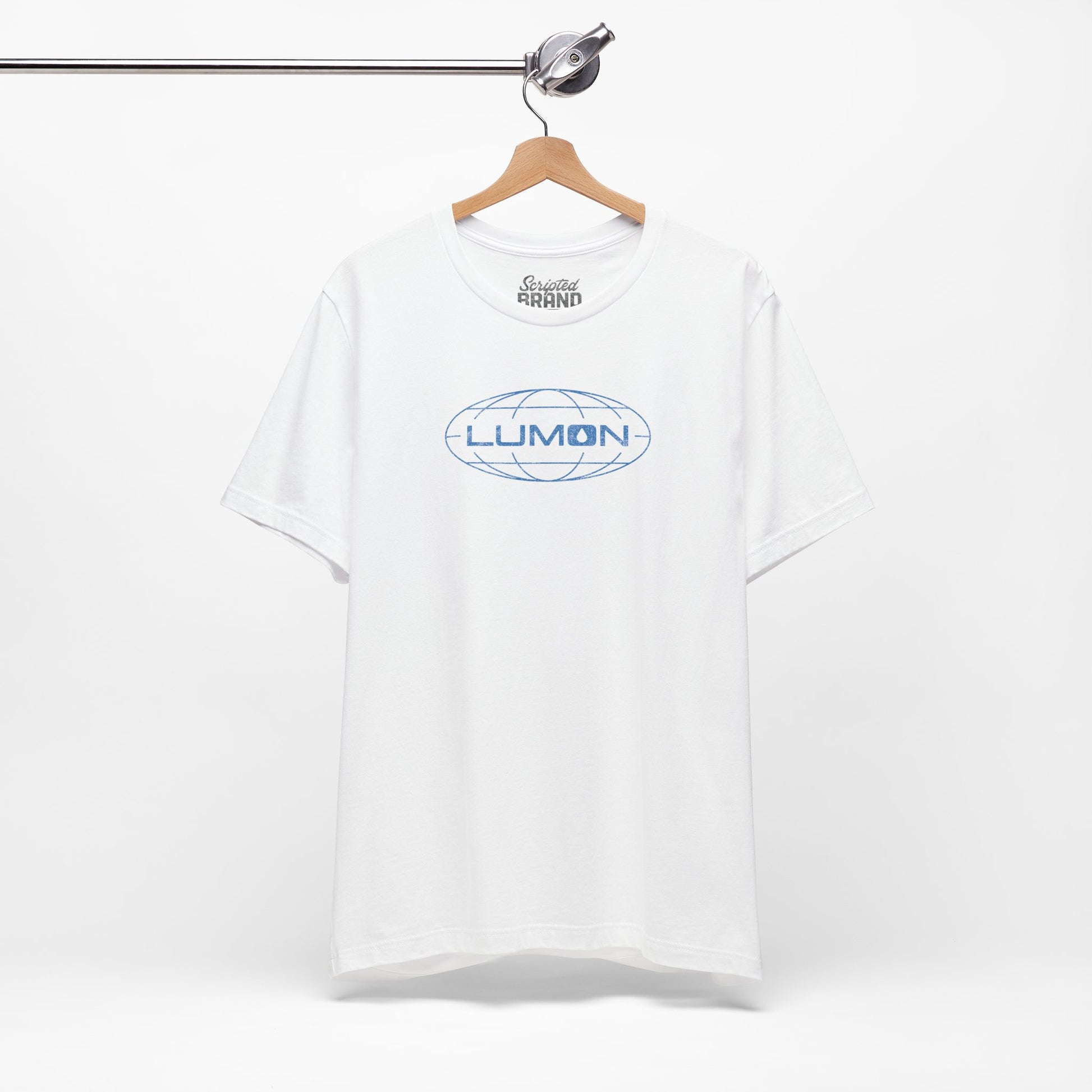 White colored soft Bella+Canvas shirtsleeve t-shirt with the Lumon Industries logo from the TV show Severance in a vintage distressed ink-stamped style, hanging on a hanger