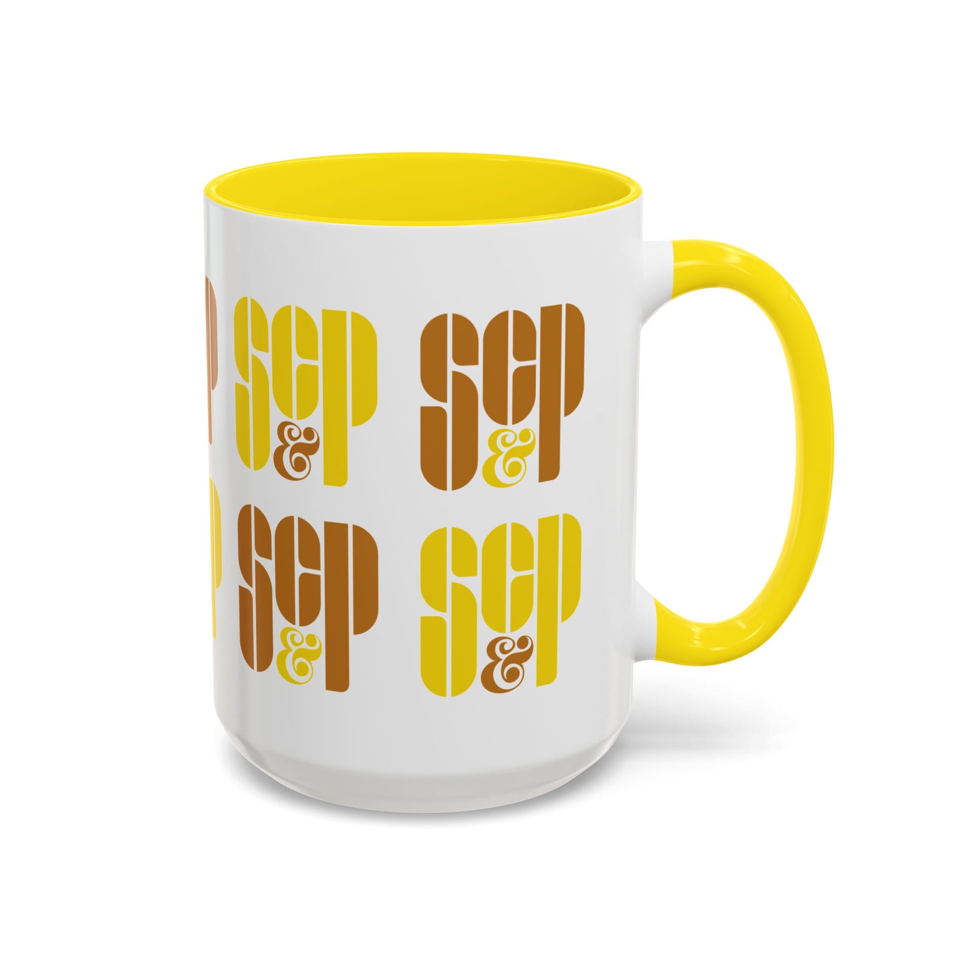 Front view of a Mad Men 15 ounce white and yellow ceramic mug with a wraparound graphic of Sterling Cooper & Partners logos