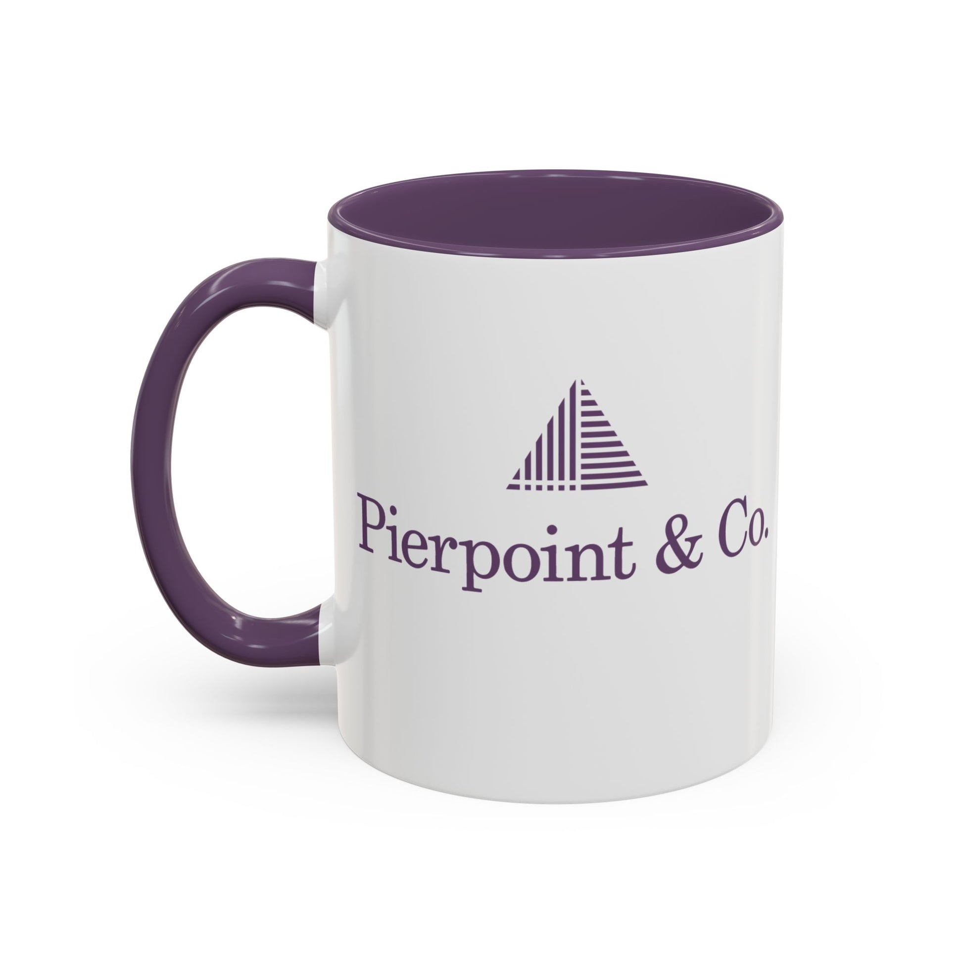 Front view of 11 oz white ceramic mug with purple Pierpoint & Co. logo, handle, and interior inspired by the HBO series Industry.