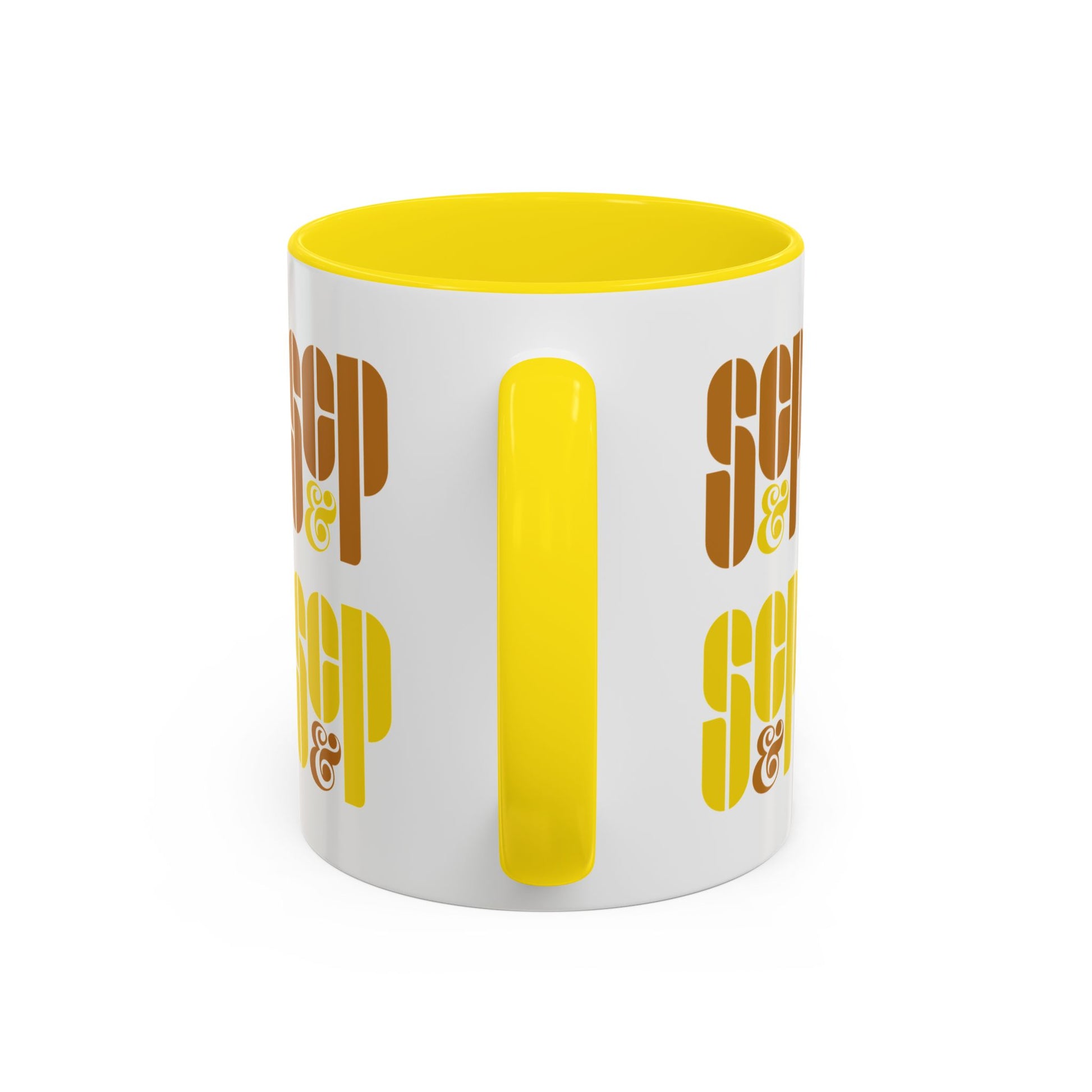 Handle view of a Mad Men 11 ounce white and yellow ceramic mug with a wraparound graphic of Sterling Cooper & Partners logos
