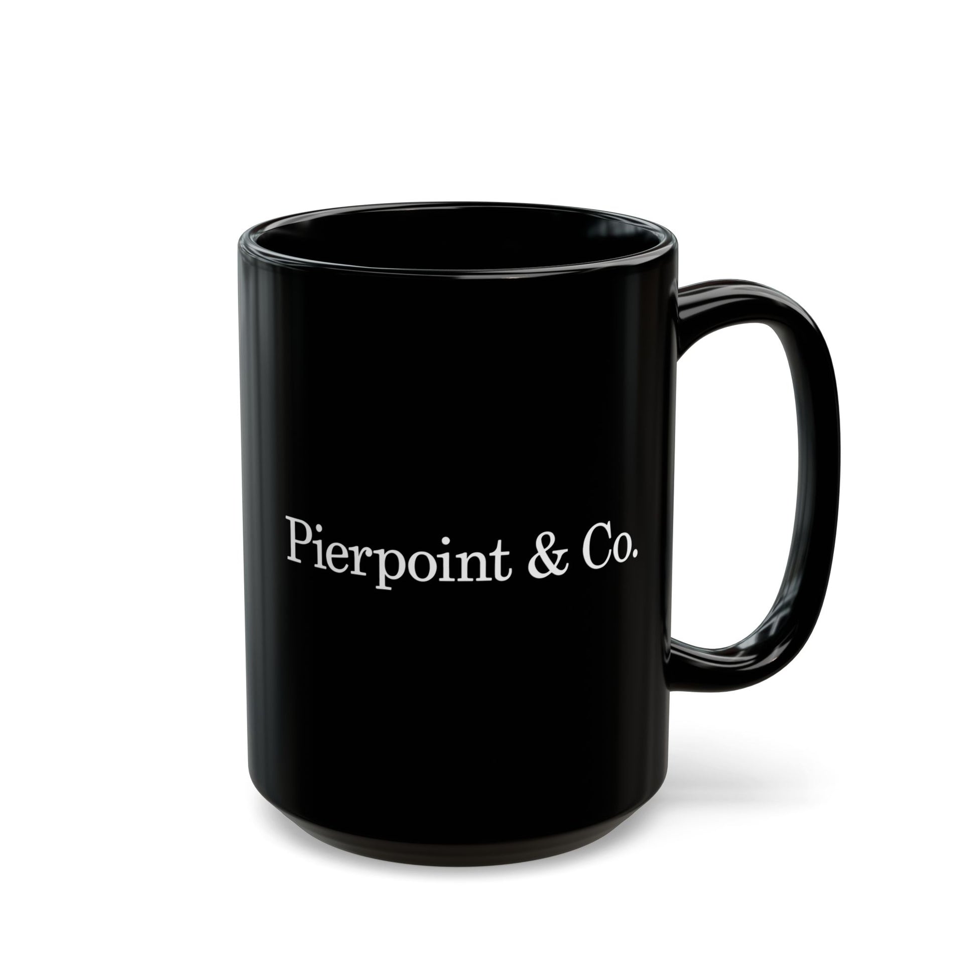 15 oz Black mug with 'Pierpoint & Co.' text on a white background