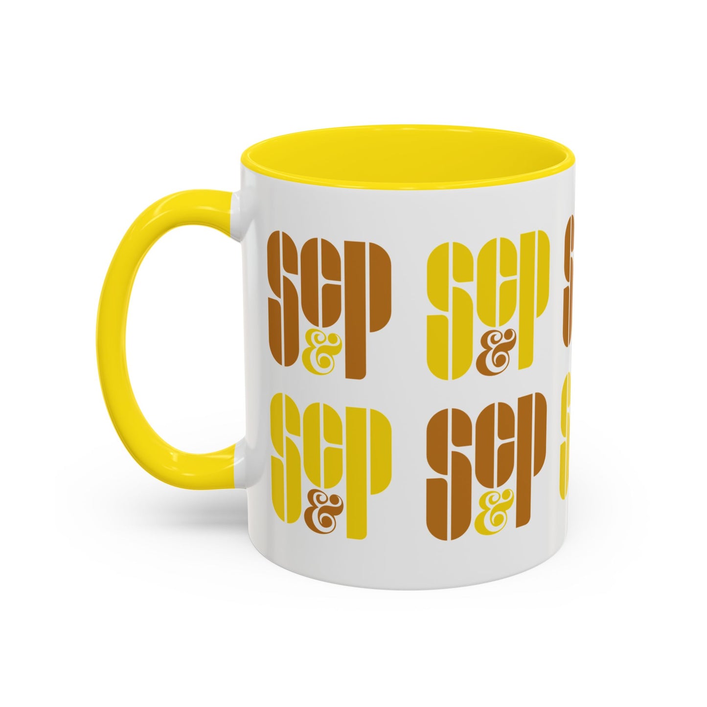 Front view of a Mad Men 11 ounce white and yellow ceramic mug with a wraparound graphic of Sterling Cooper & Partners logos
