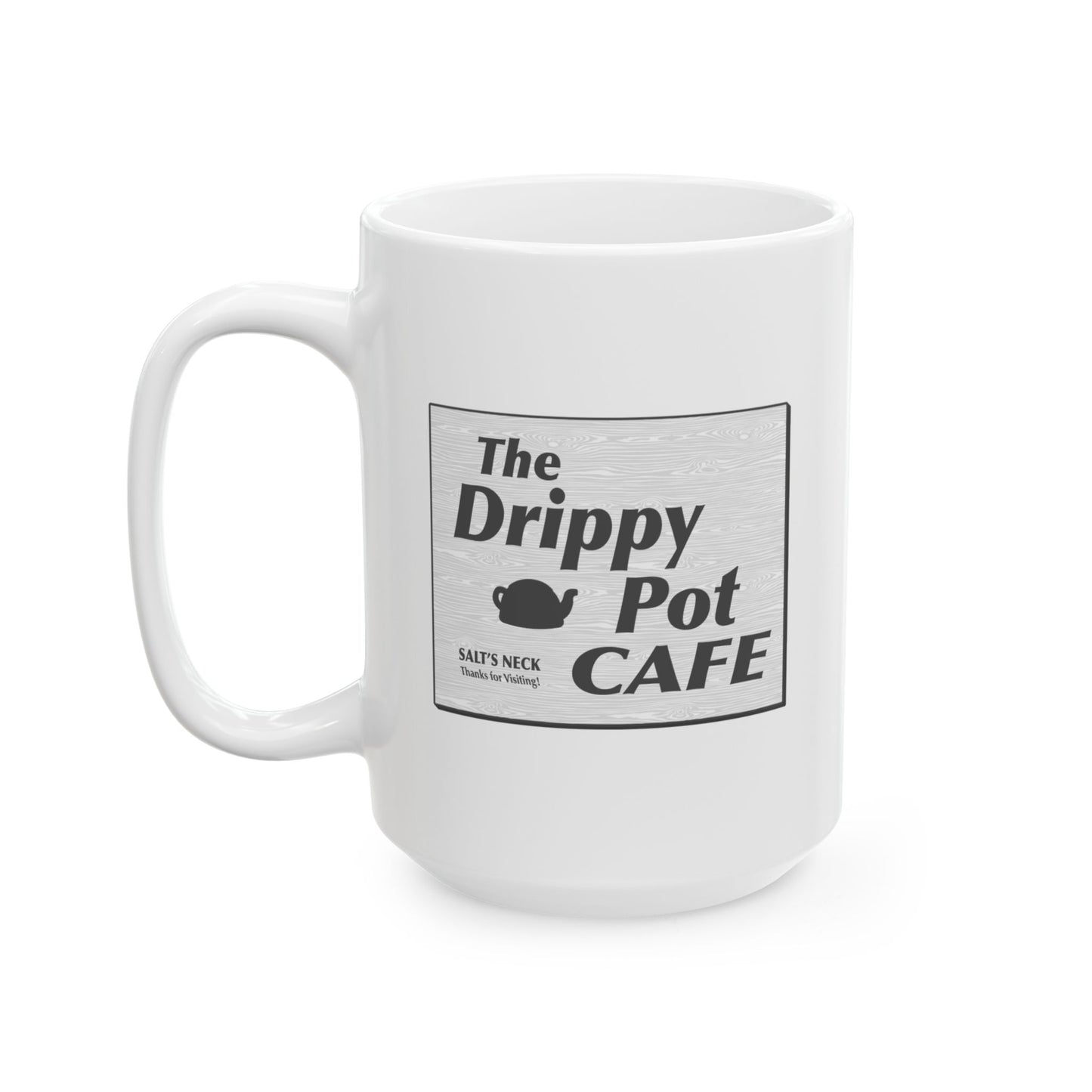 front view of 15 oz White Ceramic Mug with the Drippy Pot Cafe logo graphic from the TV show Severance printed on both sides