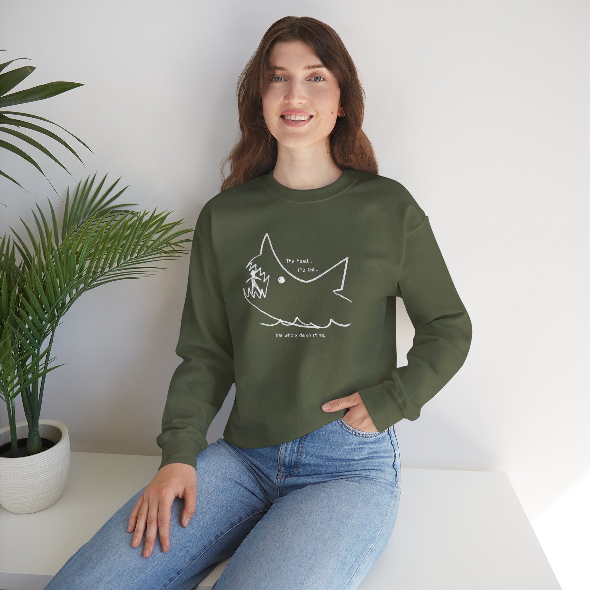 Female wearing military green Gildan 18000 sweatshirt with the chalkboard drawing by Quint in the movie Jaws.
