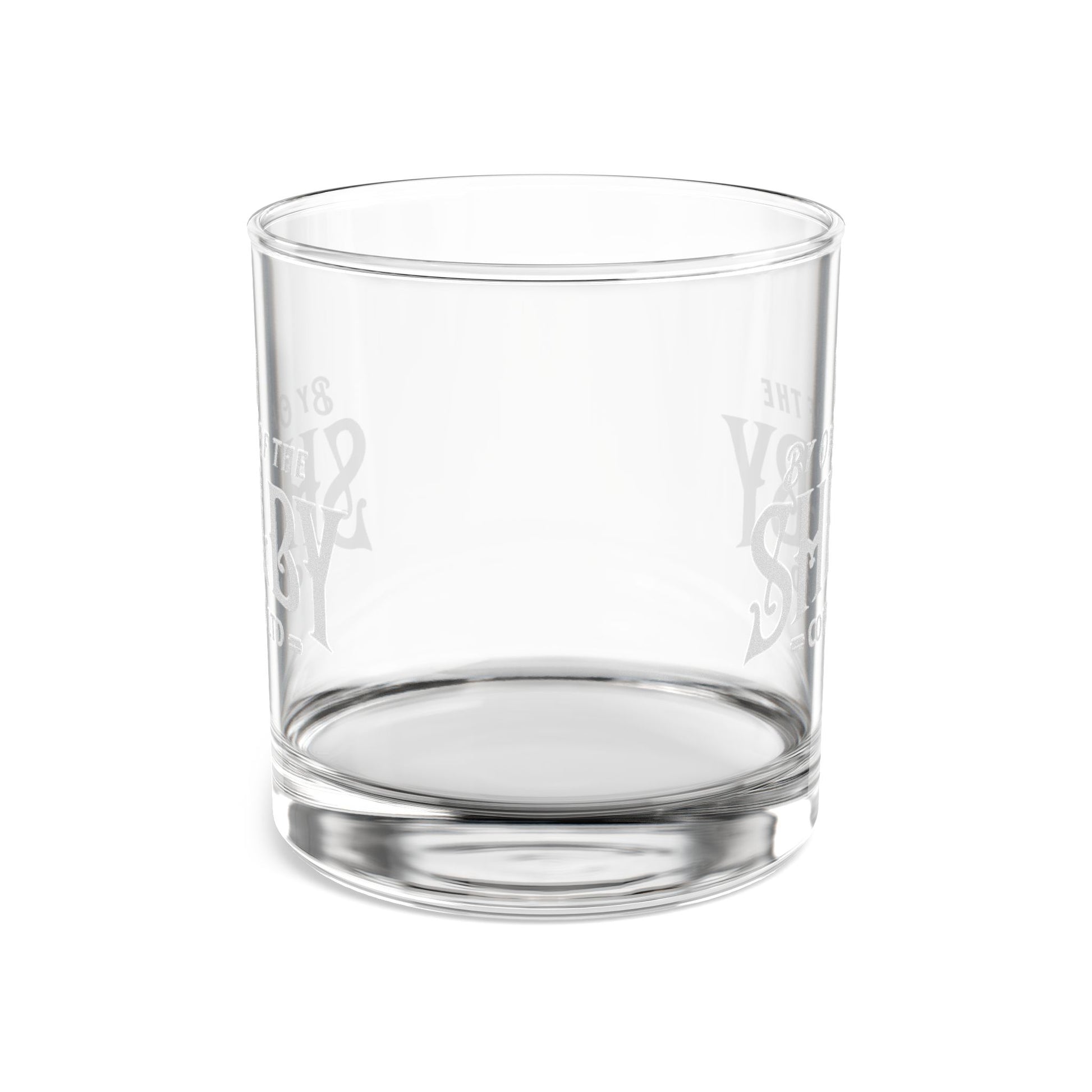 side view of 10 ounce Rocks of  Glass with Shelby Company LTD logo from Peaky Blinders printed on both sides
