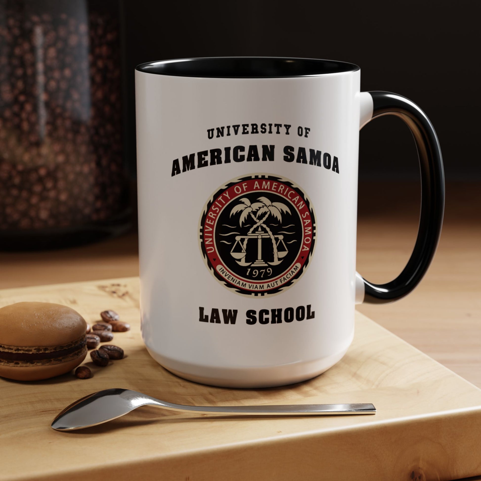 Kitchen view of 15 oz Ceramic mug with black handle featuring University of American Samoa Law School logo from Better Call Saul on both sides.