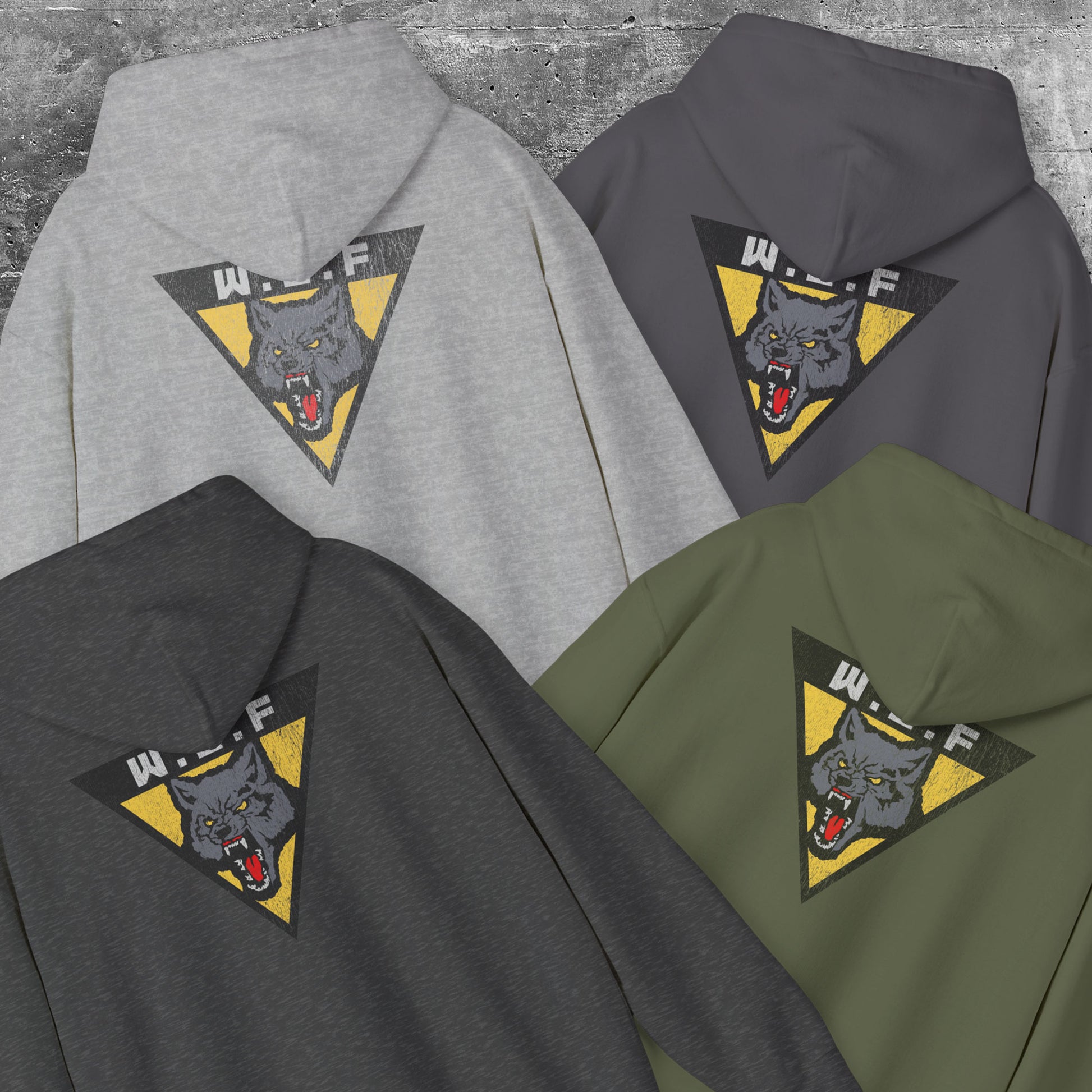4 hoodies with front and back WLF wolf logo from The Last of Us in vintage distressed style.