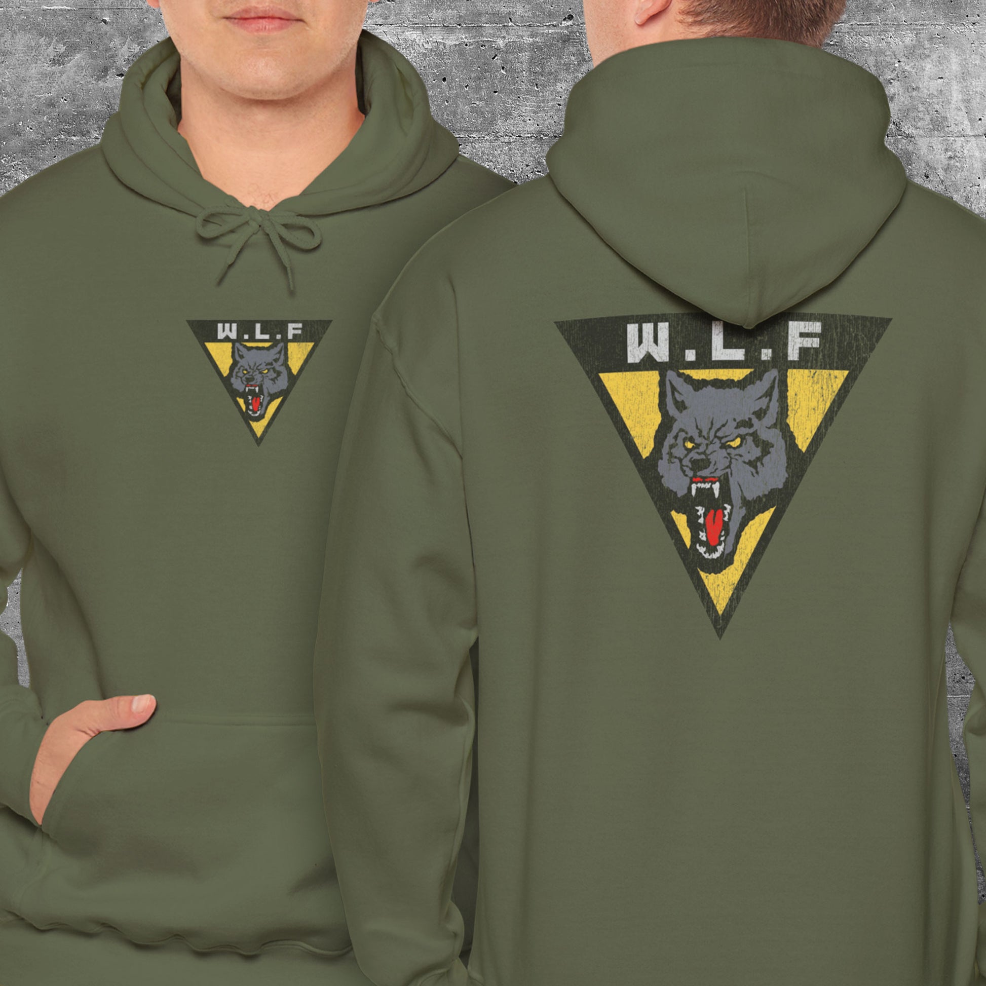 Military Green hoodie with front and back WLF wolf logo from The Last of Us in vintage distressed style.
