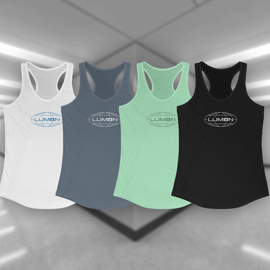 Group of 4 Women's Racerback Tank Top Shirts featuring the Lumon Industries logo from the Apple TV show Severance in a vintage distressed style, sold by ScriptedBrand.