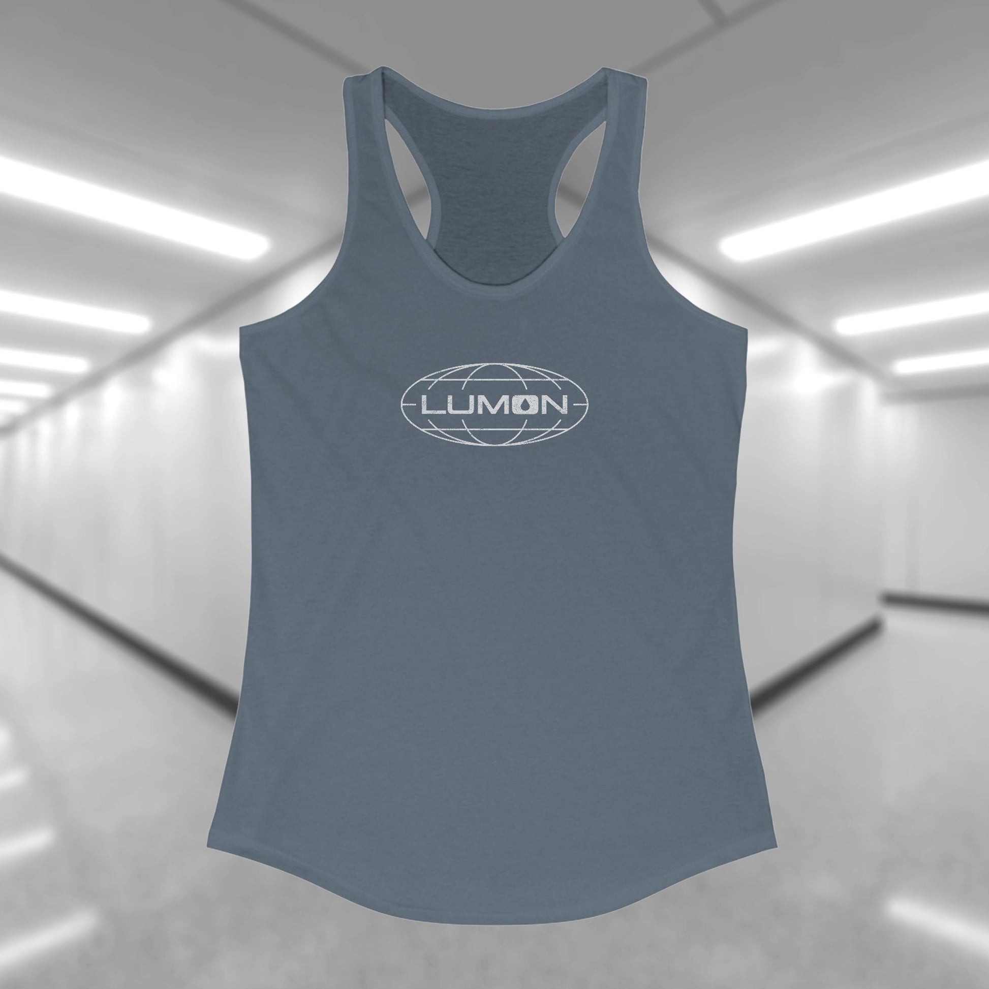Front view of a indigo blue colored Women's Racerback Tank Top Shirt featuring the Lumon Industries logo from the Apple TV show Severance in a vintage distressed style, sold by ScriptedBrand.