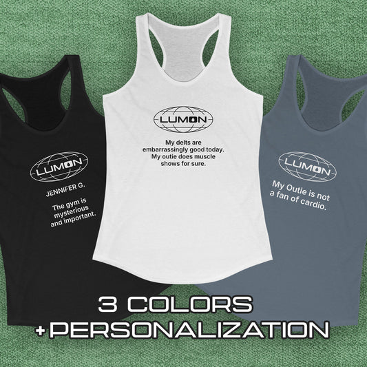 Group of three women’s racerback tank tops featuring a Lumon Industries logo and personalized text underneath.