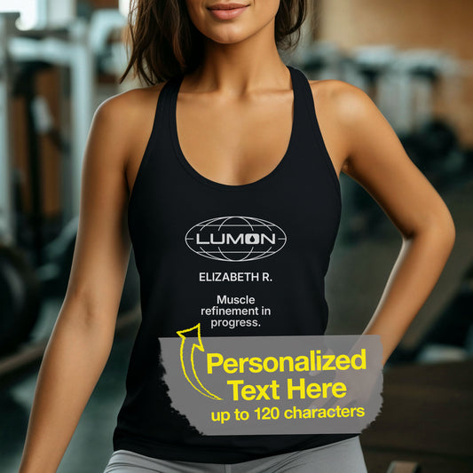 female wearing black colored women’s racerback tank top featuring a Lumon Industries logo and personalized text underneath.