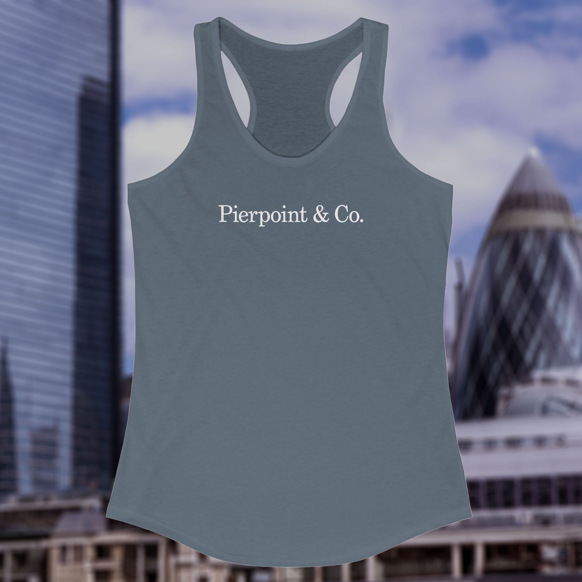 Front view of a indigo blue colored Women's Racerback Tank Top Shirt featuring the Pierpoint & Co logo from the HBO TV show Industry, sold by ScriptedBrand. 