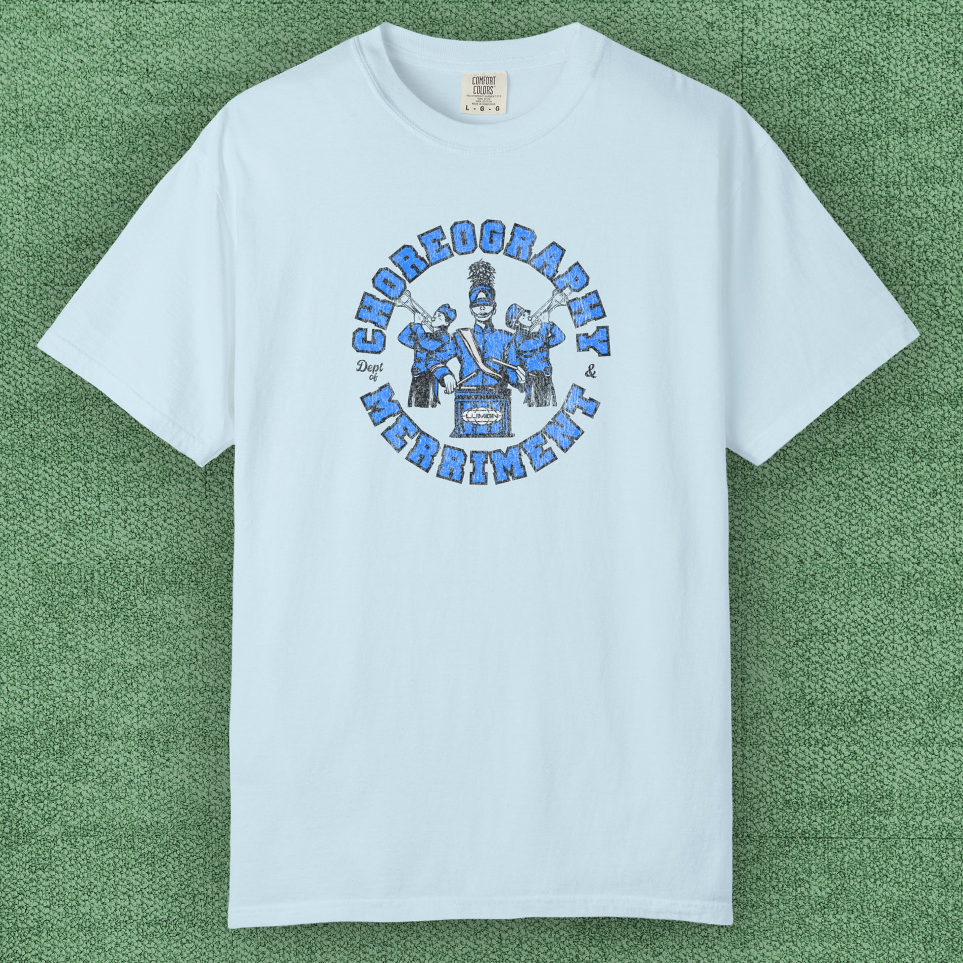 Chambray t-shirt with vintage graphic of Severance’s Choreography & Merriment Dept in blue on Comfort Colors 1717 tee.