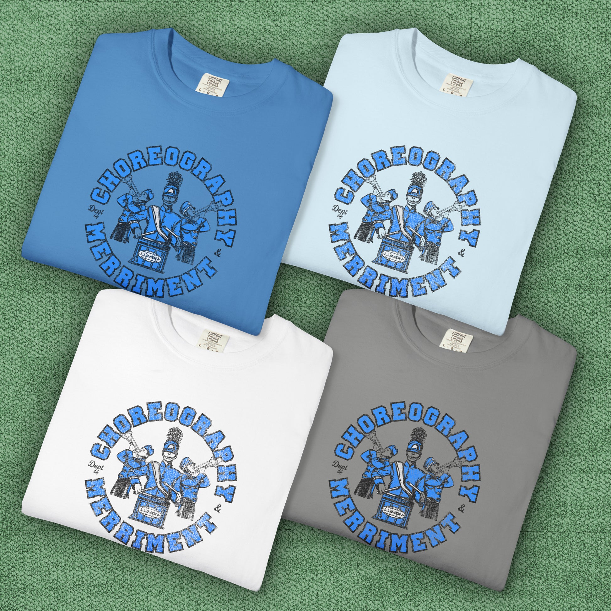 4 folded t-shirts with vintage graphic of Severance’s Choreography & Merriment Dept in blue on Comfort Colors 1717 tee.