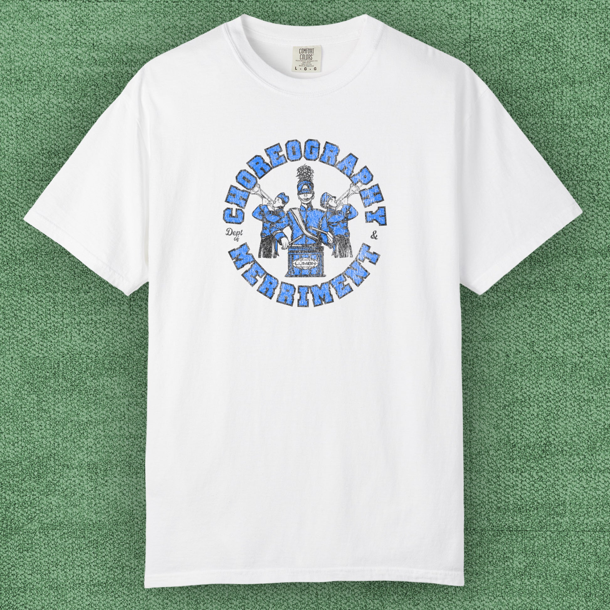 White t-shirt with vintage graphic of Severance’s Choreography & Merriment Dept in blue on Comfort Colors 1717 tee.