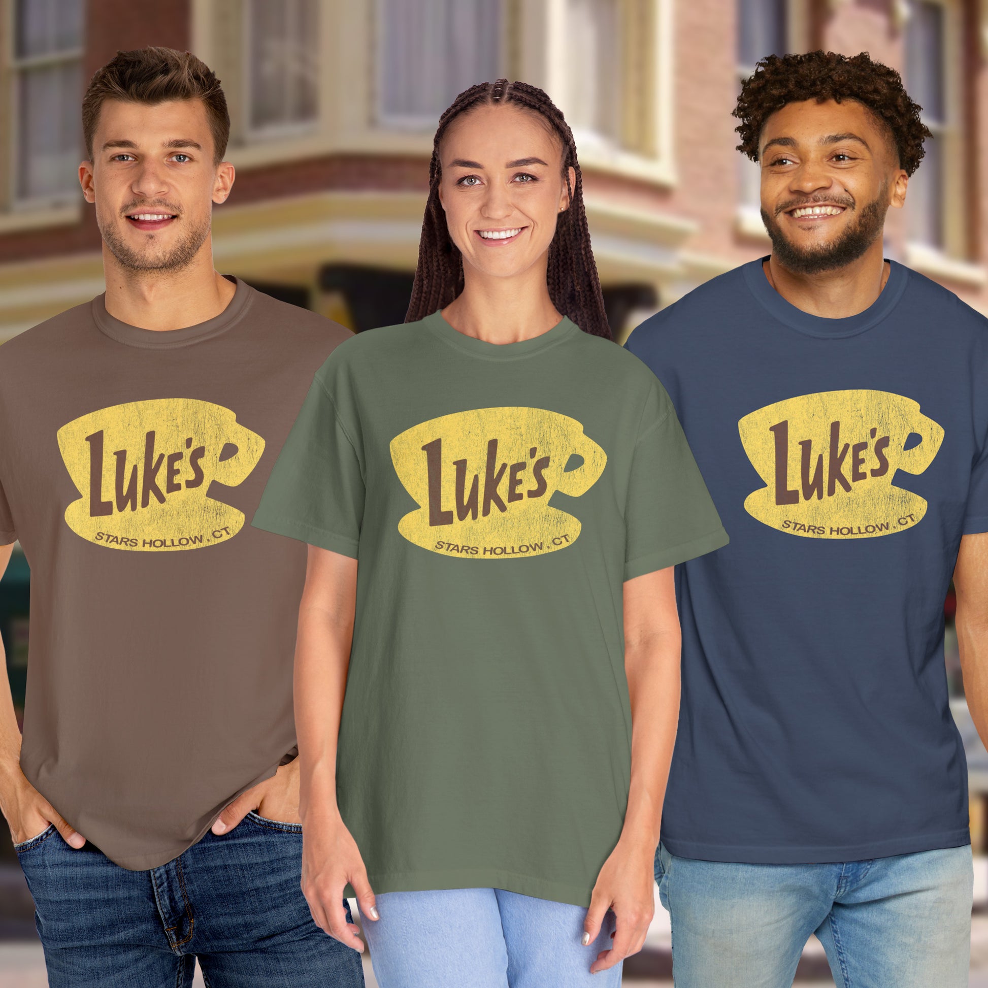 Three people wearing Comfort Colors t-shirts with vintage yellow Luke’s Diner logo from Gilmore Girls.