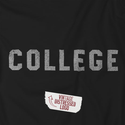 Closeup view of a black colored soft unisex Gildan 18000 sweatshirt with the word COLLEGE that John Belushi wore in the movie Animal House, in a vintage distressed ink-stamped worn-in style, sold by ScriptedBrand.