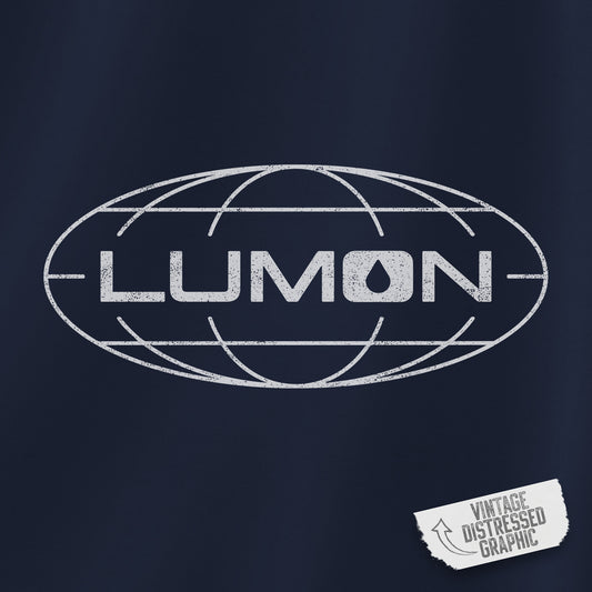 Closeup view of a navy blue Soft Gildan 18000 crew neck sweatshirt featuring the Lumon Industries logo from the Apple TV show Severance in a vintage distressed style.