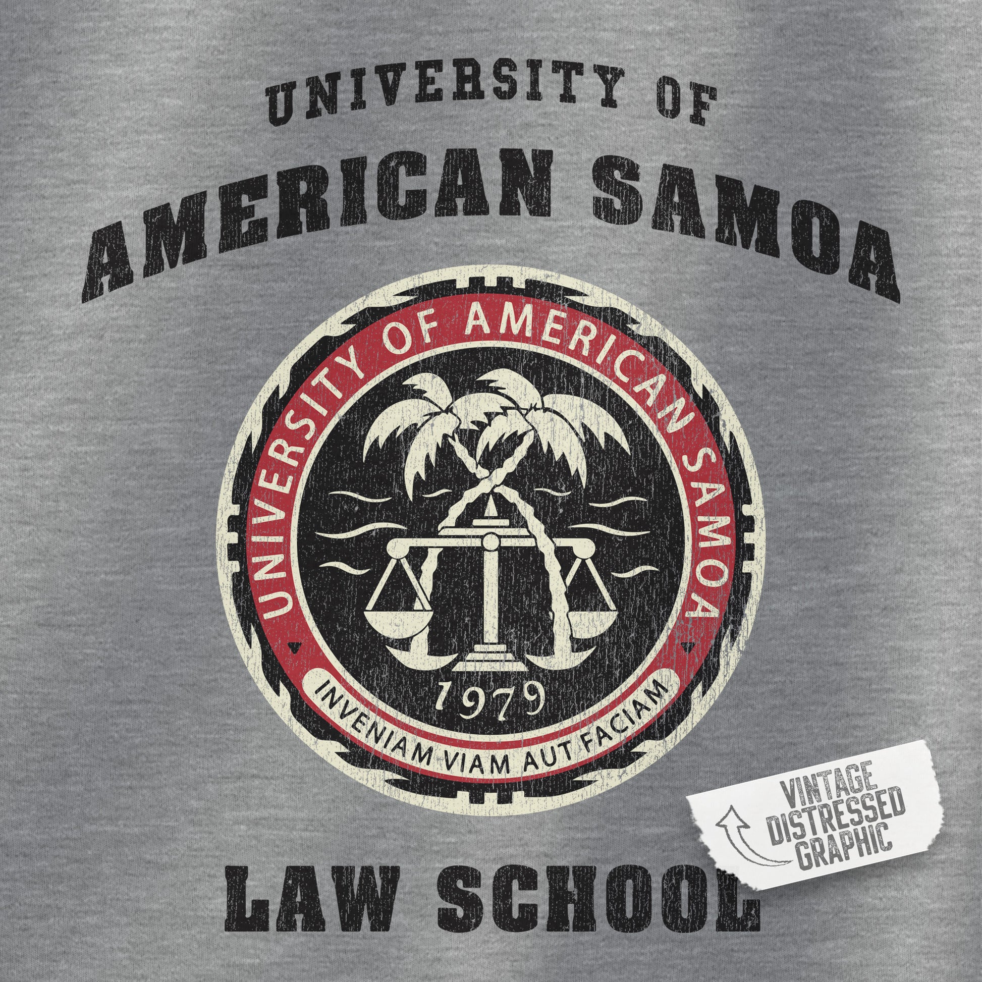 Closeup of University of American Samoa Law School logo on a gray sweatshirt fabric