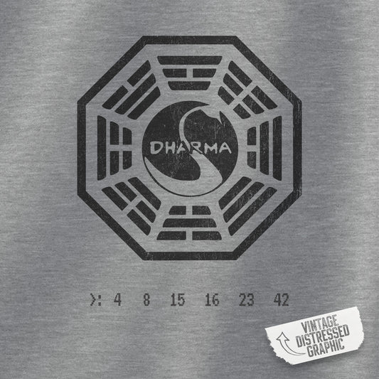 Closeup view of a sport heather gray Soft Unisex Hoodie Heavy Blend Hooded Sweatshirt featuring the Dharma Initiative swan logo graphic from the TV show LOST in a vintage distressed ink-stamped worn-in style.