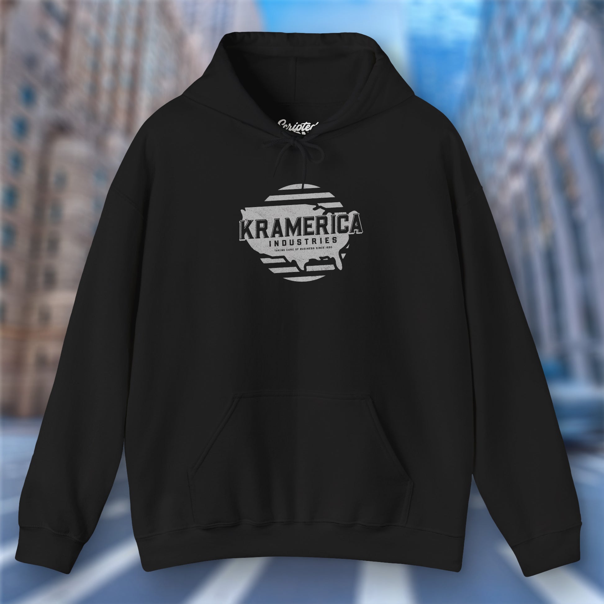 Black Hoodie Sweatshirt featuring a Kramerica logo inspired by Seinfeld, designed by ScriptedBrand in a vintage distressed style.