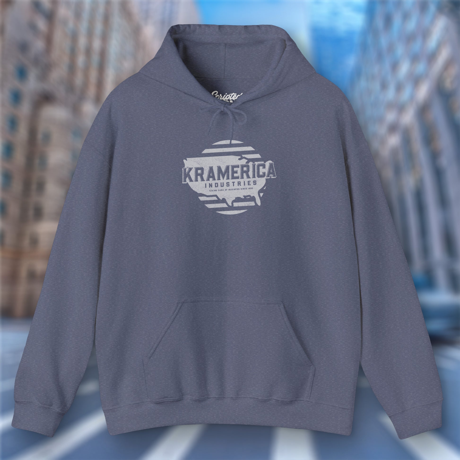Heather Navy Hoodie Sweatshirt featuring a Kramerica logo inspired by Seinfeld, designed by ScriptedBrand in a vintage distressed style.