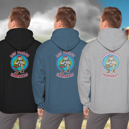 Back view of a Male model wearing Soft Unisex Hoodie Heavy Blend Hooded Sweatshirts featuring the Los Pollos Hermanos logo from the TV show Breaking Bad and Better Call Saul in a vintage distressed style. Logo is printed on both front and back of hoodie.