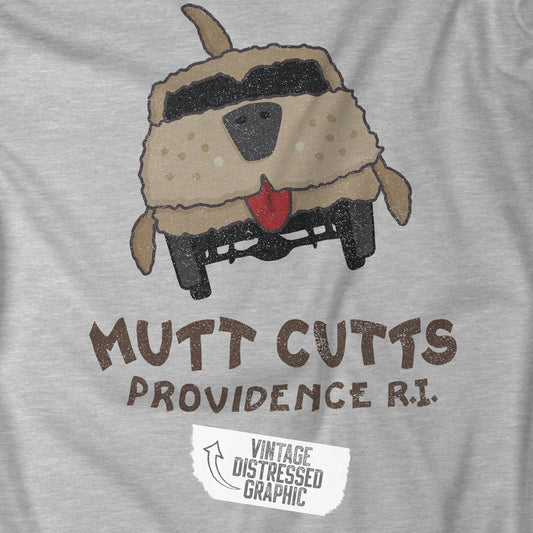 Closeup view of a soft Unisex Hoodie Heavy Blend Hooded Sweatshirt featuring a Mutt Cutts logo graphic inspired by the movie Dumb and Dumber, illustrated by ScriptedBrand in a vintage distressed style.