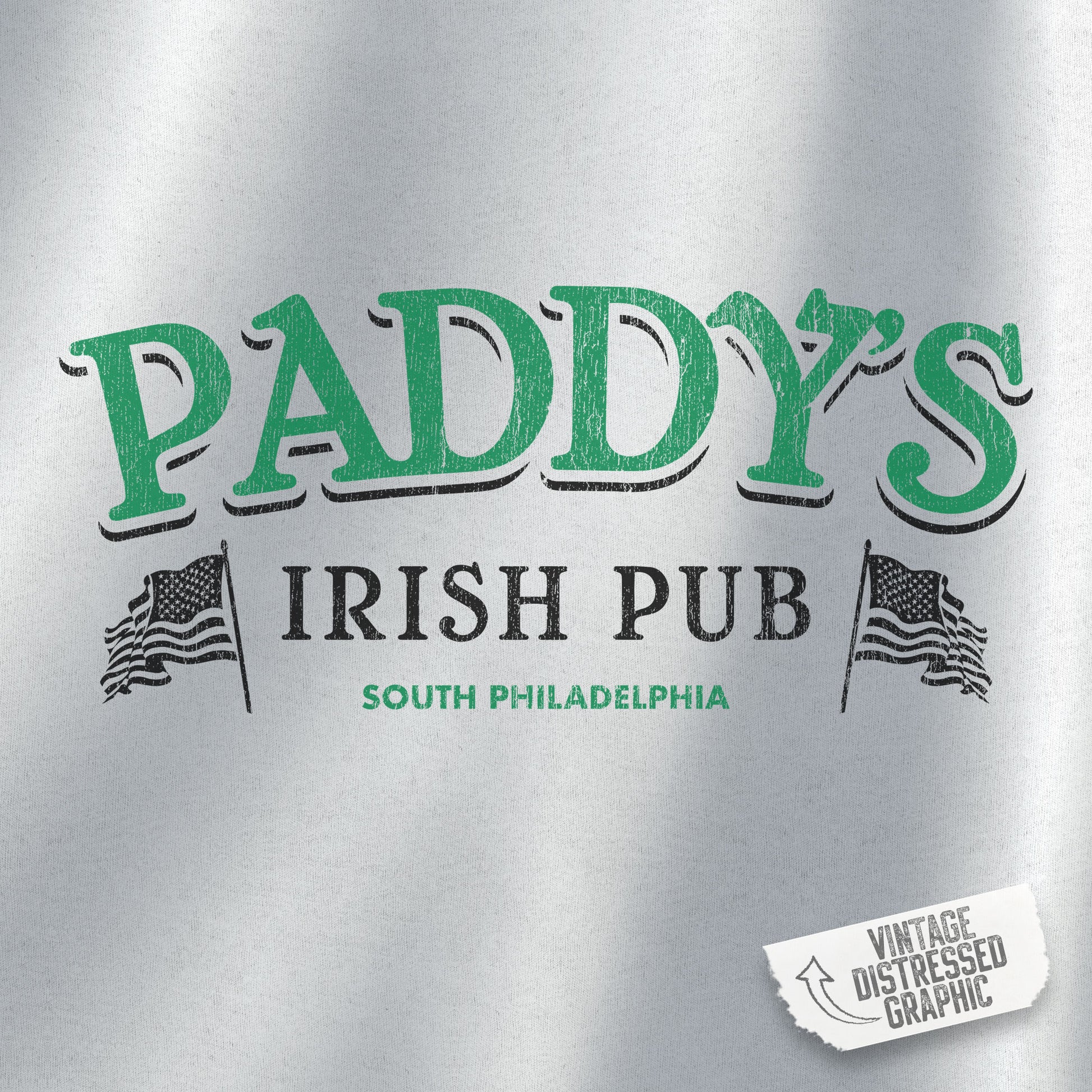Closeup view of a sport heather grey colored soft unisex Hoodie Heavy Blend Hooded Sweatshirt featuring the green Paddy's Pub logo graphic from the TV Show It's Always Sunny in Philadelphia, in a vintage distressed style, sold by ScriptedBrand.
