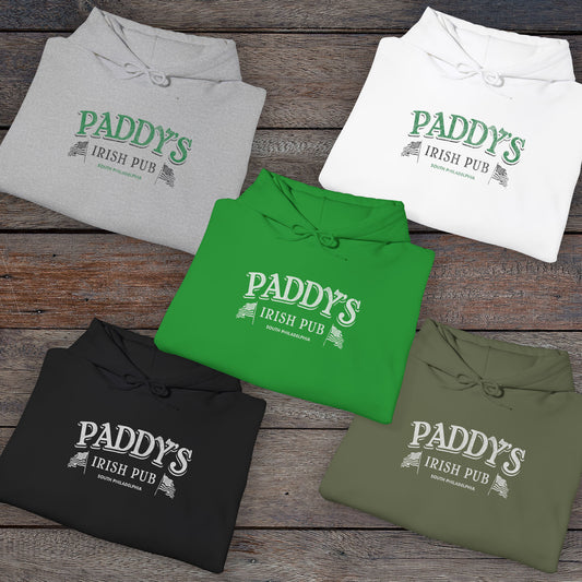 Group of 5 folded soft unisex Hoodie Heavy Blend Hooded Sweatshirts featuring the Paddy's Pub logo graphic from the TV Show It's Always Sunny in Philadelphia, in a vintage distressed style, sold by ScriptedBrand.