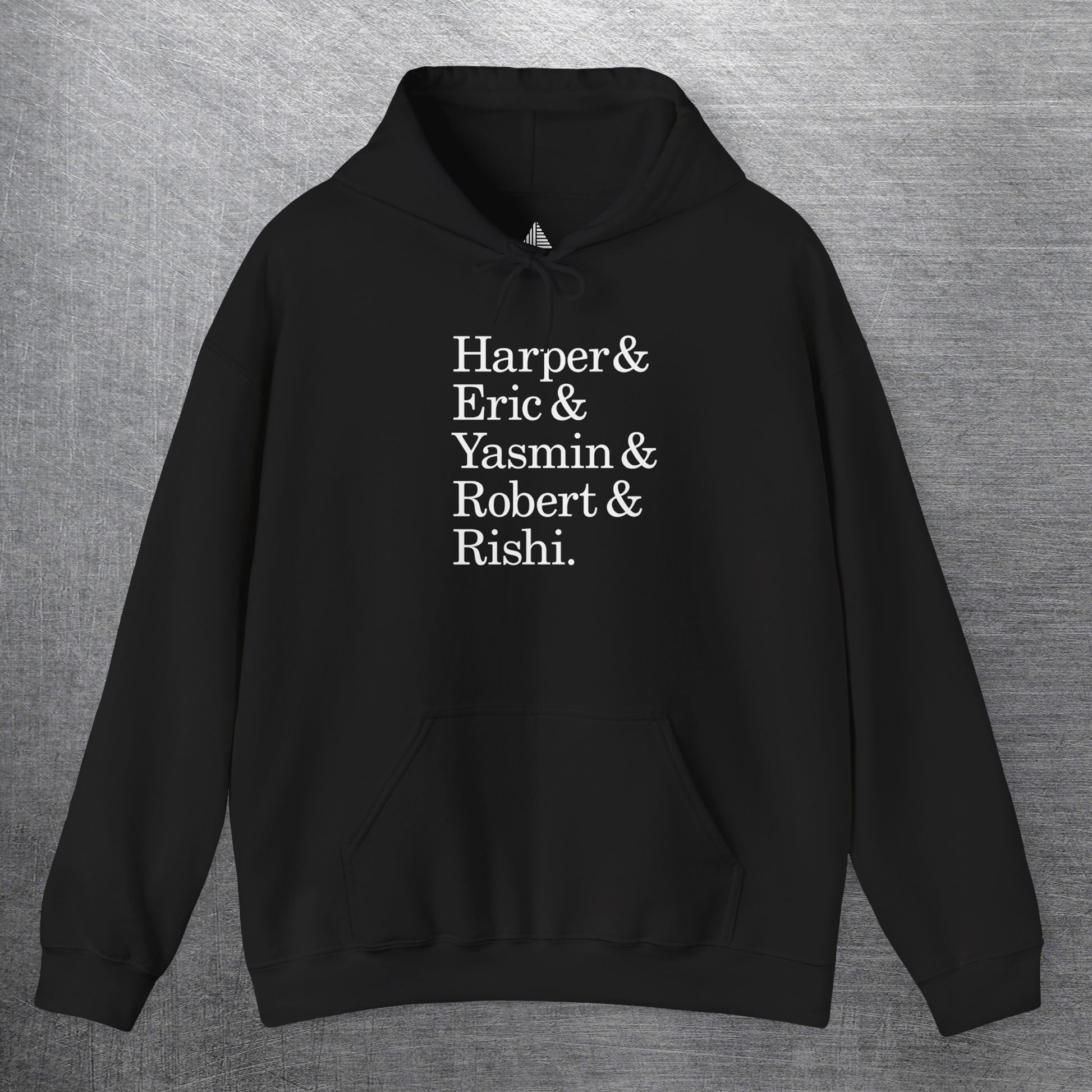 Black hoodie with names Harper, Eric, Yasmin, Robert & Rishi in Pierpoint & Co. font, inspired by TV show Industry.