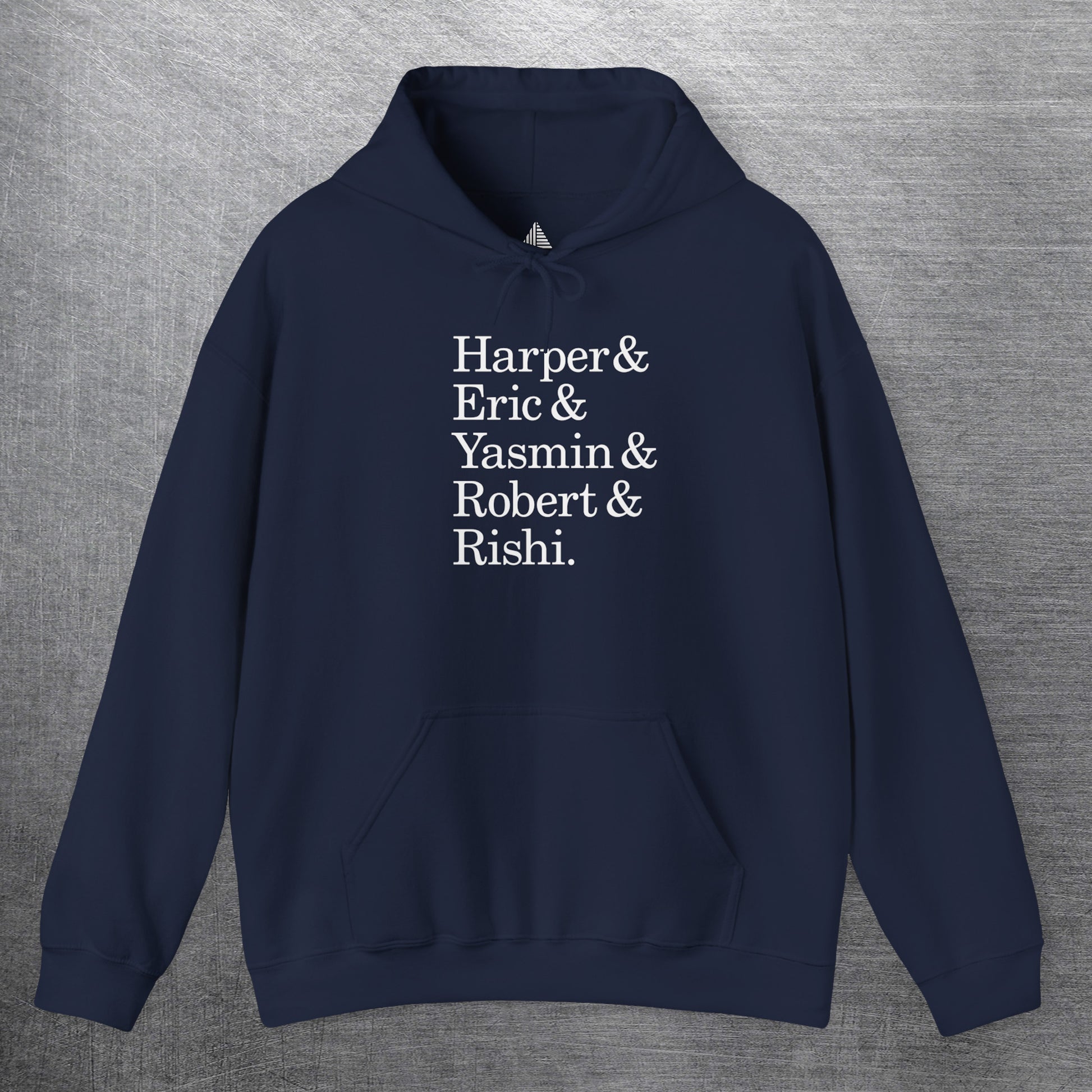Navy hoodie with names Harper, Eric, Yasmin, Robert & Rishi in Pierpoint & Co. font, inspired by TV show Industry.