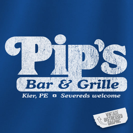 Closeup view of a royal blue colored Soft Unisex Hoodie Heavy Blend Hooded Sweatshirt featuring the Pips Bar & Grill logo, with the added text "Severeds Welcome" inspired by the TV show Severance in a vintage distressed style, sold by ScriptedBrand.