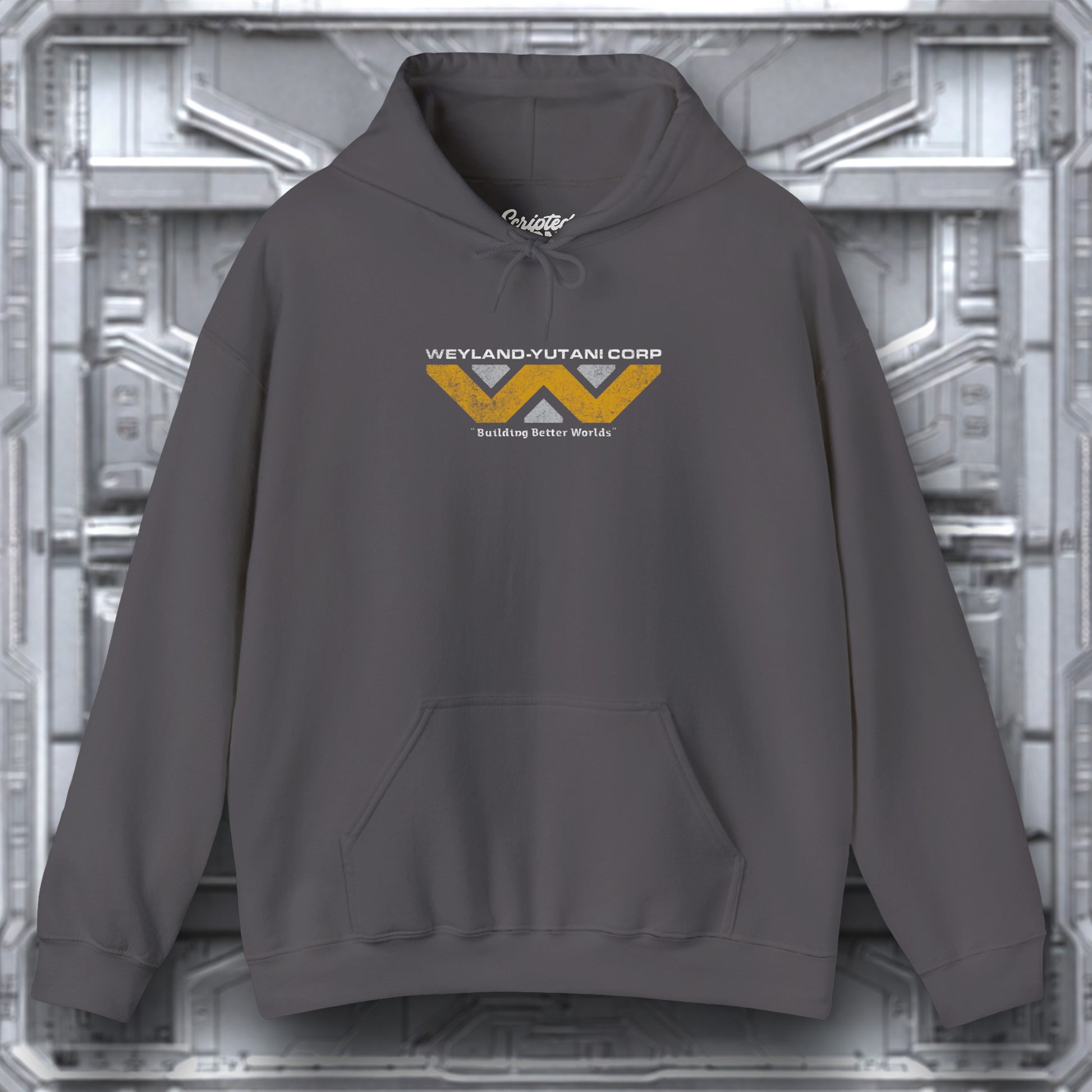 Gray hoodie with Weyland-Yutani Corp logo on a metallic background