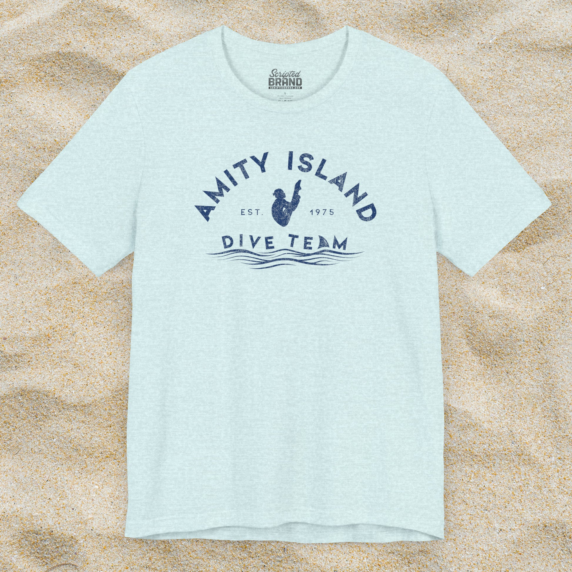 Front view of Heather Prism Ice Blue Bella+Canvas t-shirt with vintage-style Amity Island Dive Team logo, inspired by the movie Jaws.