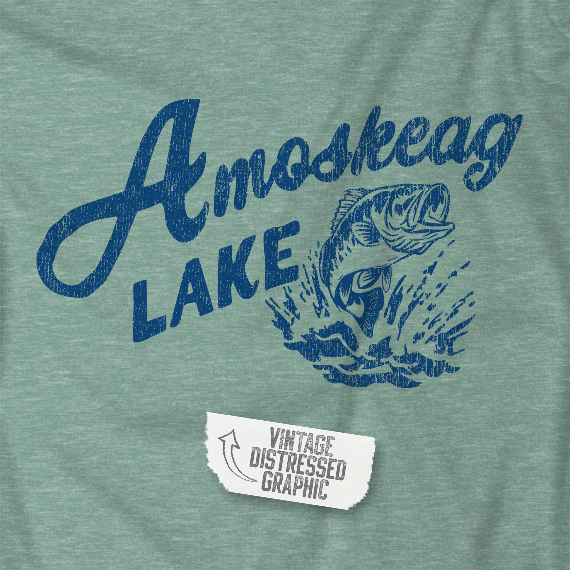 Closeup of Heather Green t-shirt featuring the Amoskeag Lake graphic worn by Salma Hayek in the movie Grown Ups in a vintage distressed style.