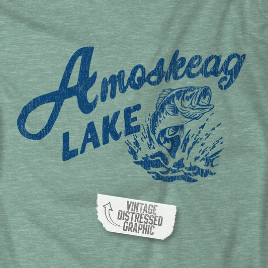 Closeup of Heather Green t-shirt featuring the Amoskeag Lake graphic worn by Salma Hayek in the movie Grown Ups in a vintage distressed style.